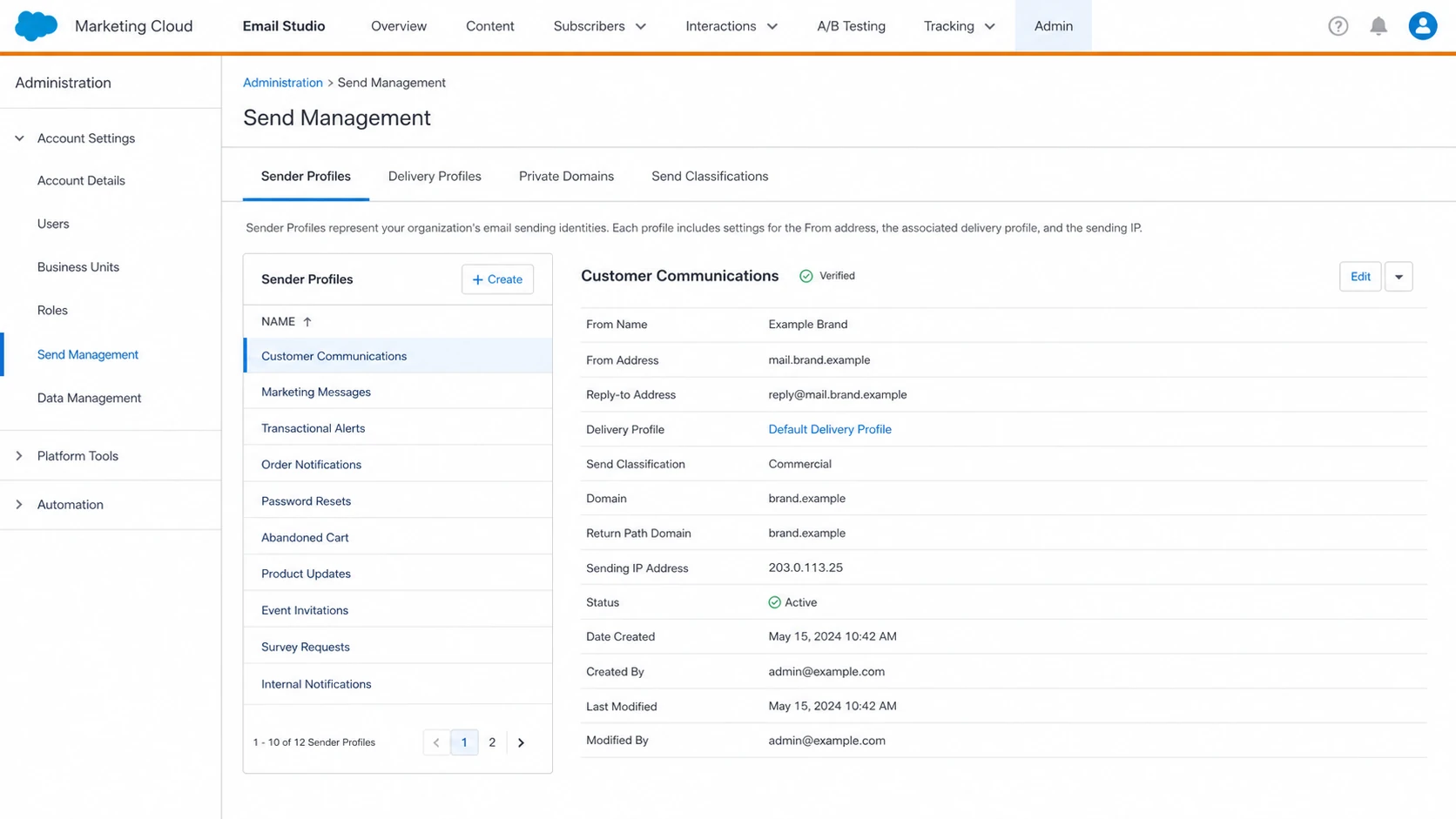Salesforce Marketing Cloud screen showing sender and delivery profile checks.