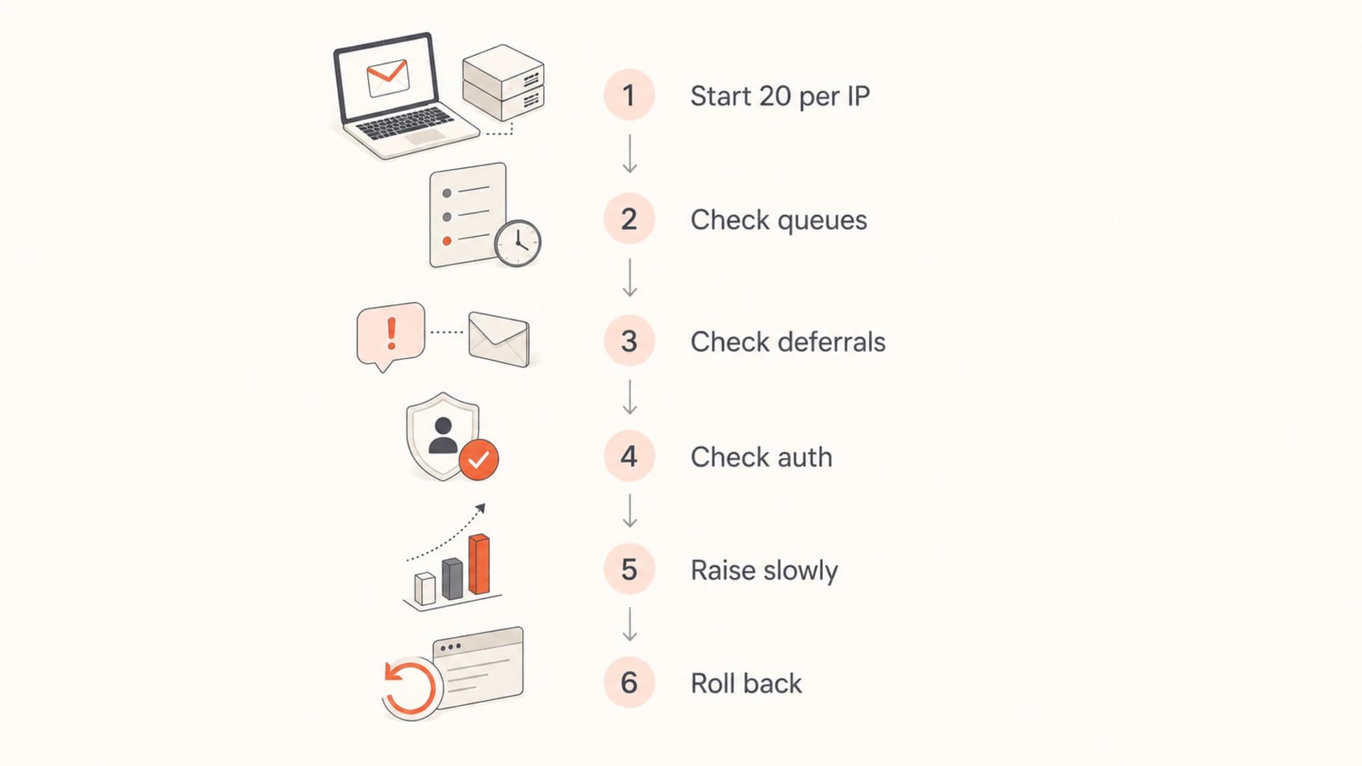 Flowchart for increasing Google SMTP connections from 20 per IP while checking queues, deferrals, and authentication.