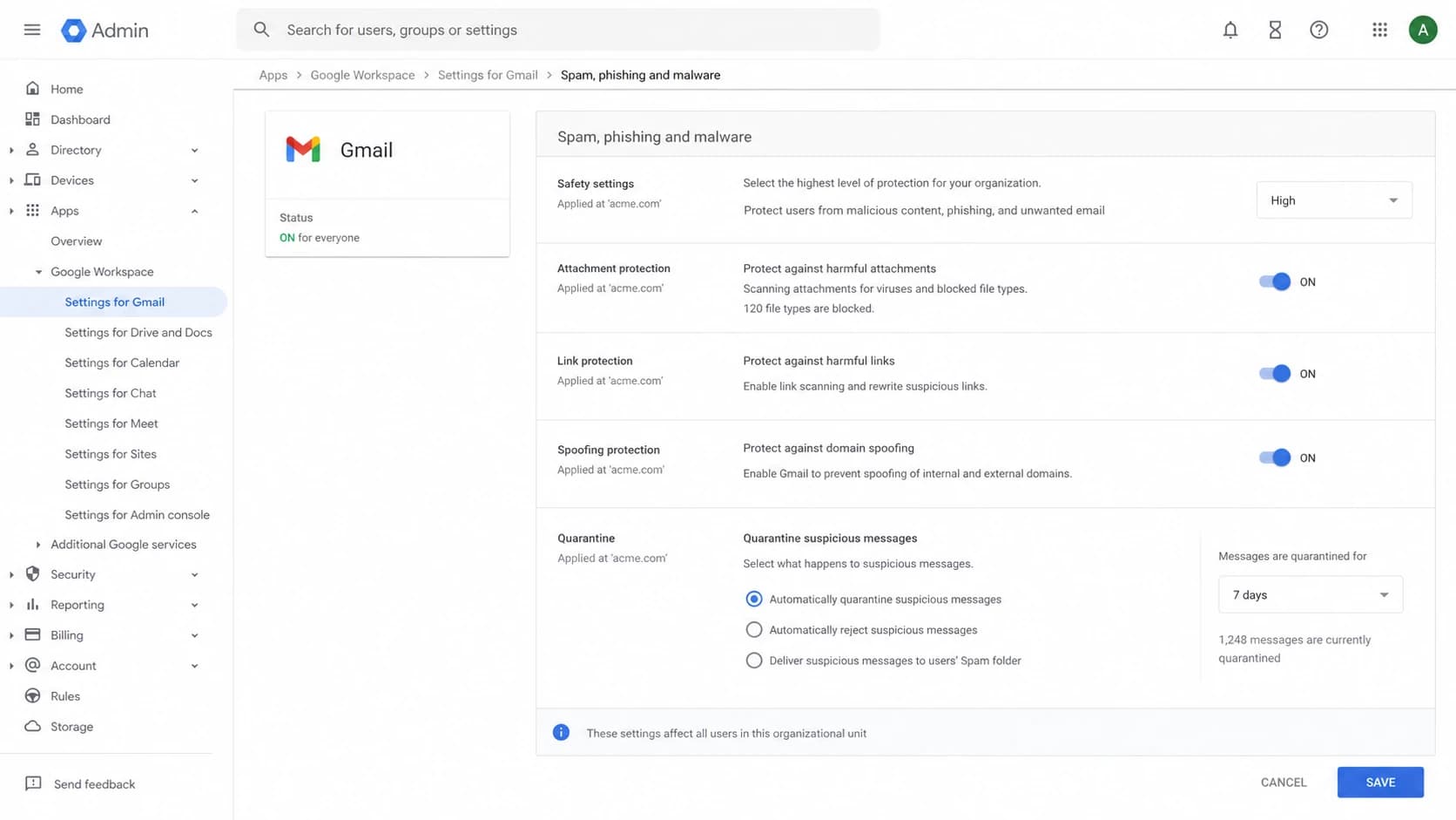 Google Admin console Gmail security settings for spam, phishing, malware, and quarantine controls.