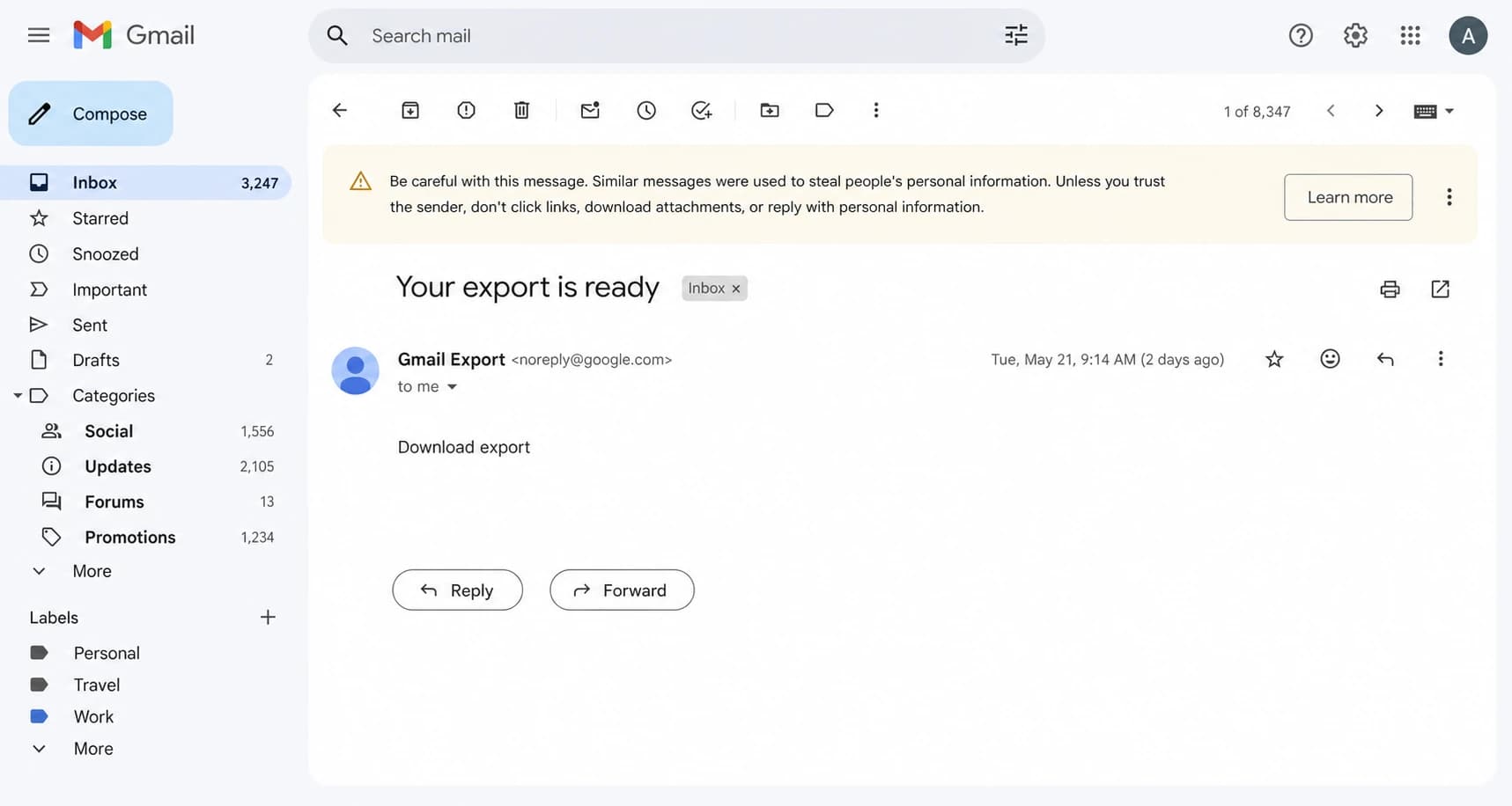 Gmail showing a ZIP download link that no longer has a clickable href.