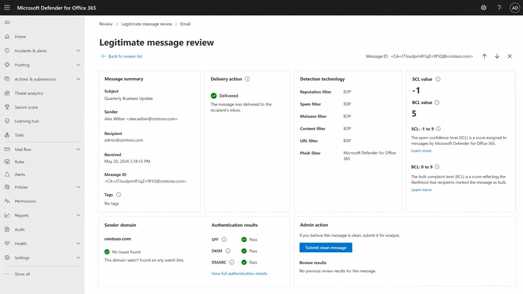 Microsoft Defender for Office 365 can show why a tenant filtered a message.