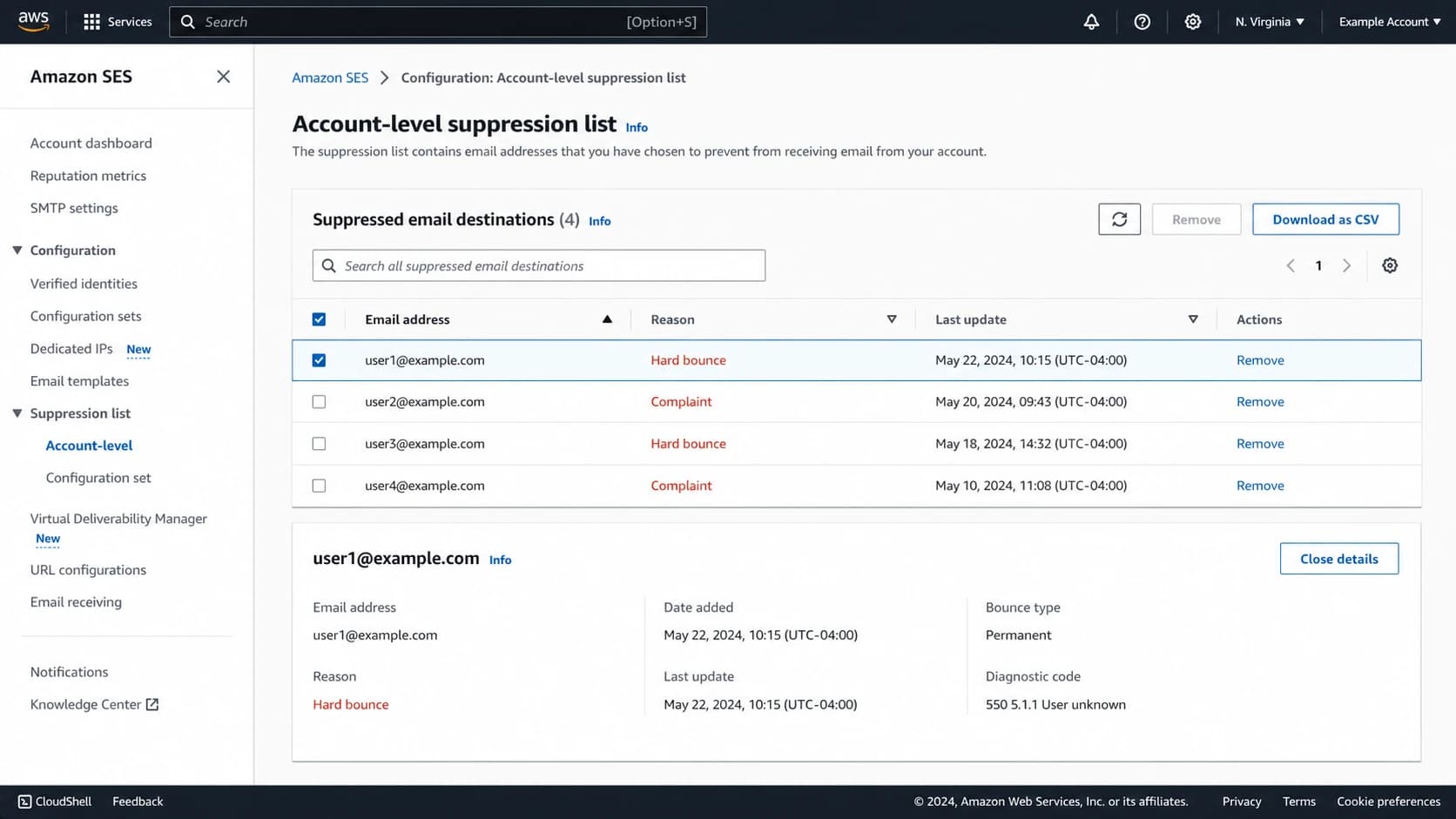 Amazon SES suppression list view used during restoration review.