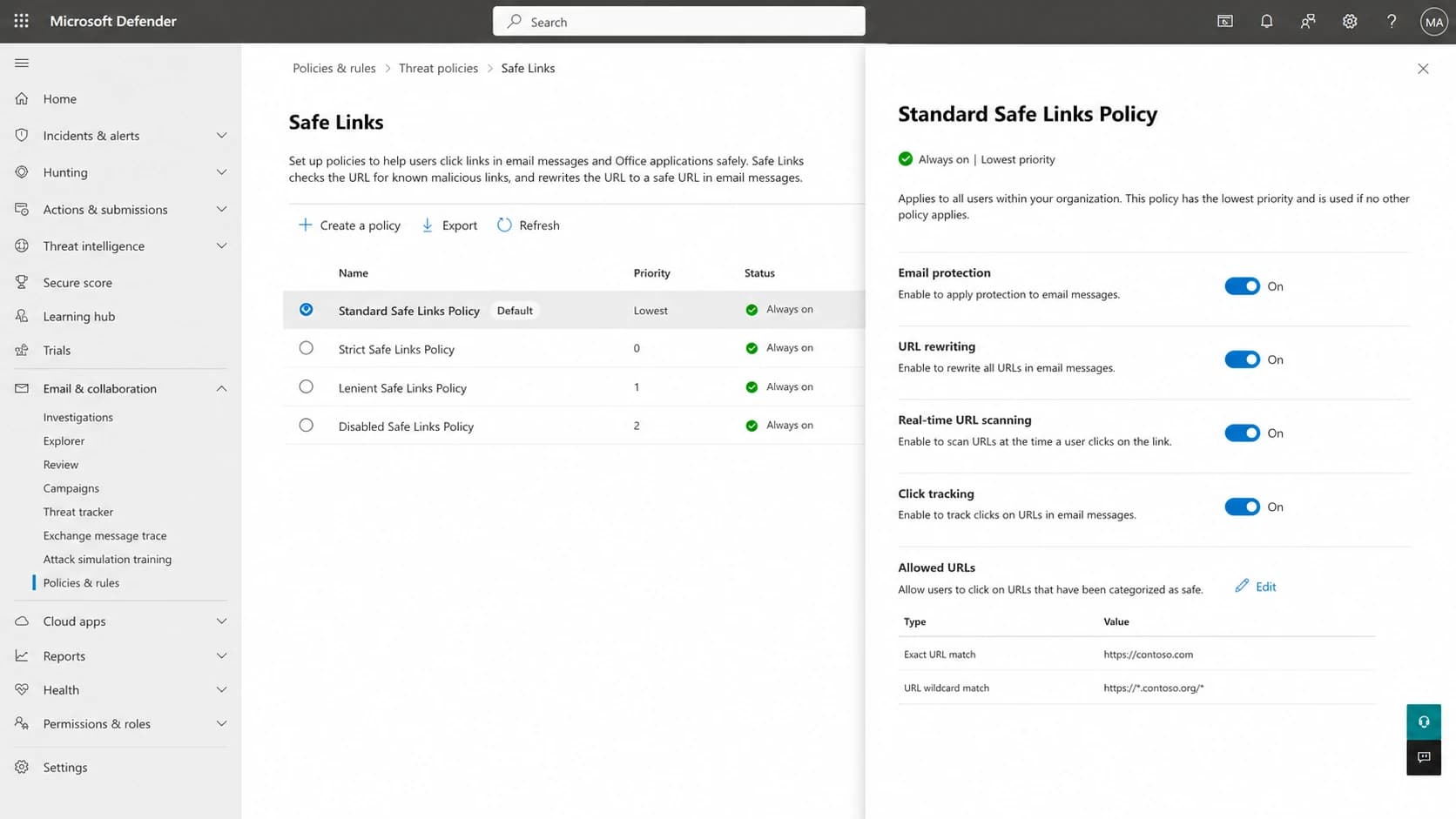 Microsoft Defender portal Safe Links policy settings screen.