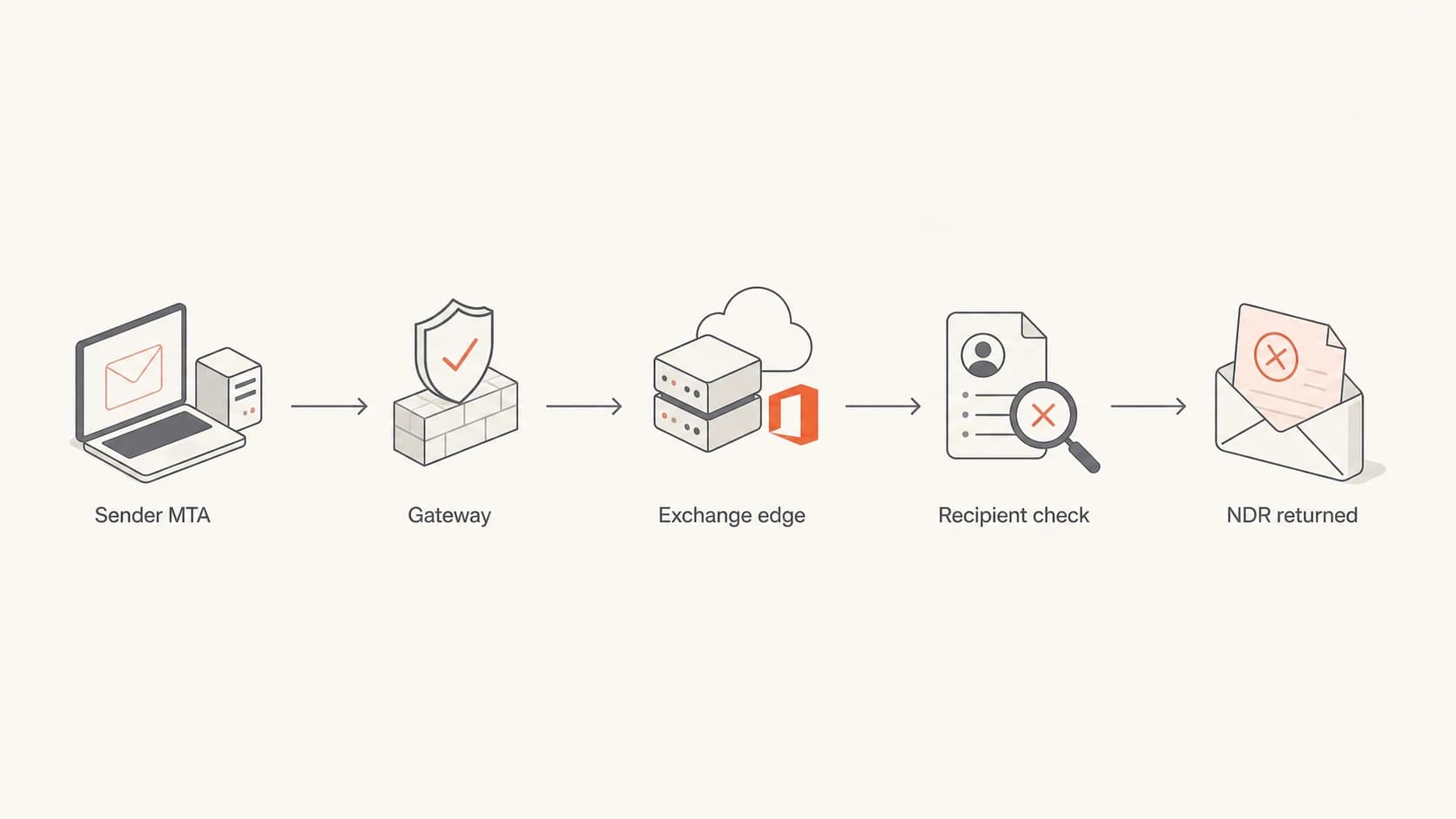 Flowchart showing a message rejected during the Exchange Online recipient check.