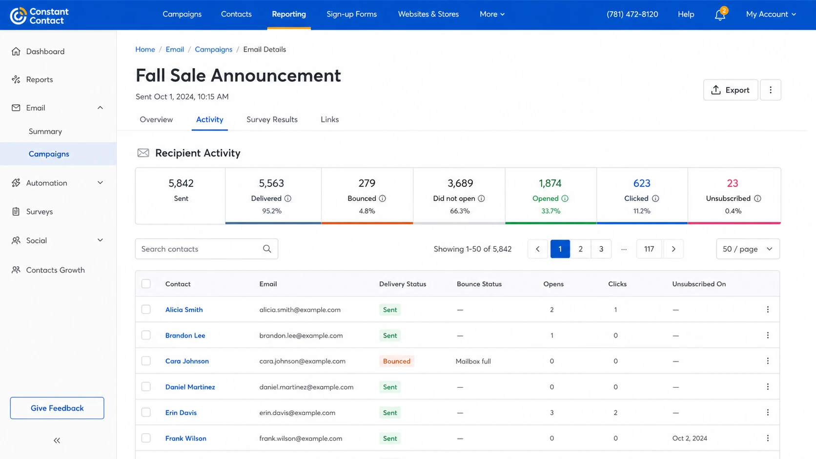 Constant Contact reporting view for checking whether a subscriber was included in a send.