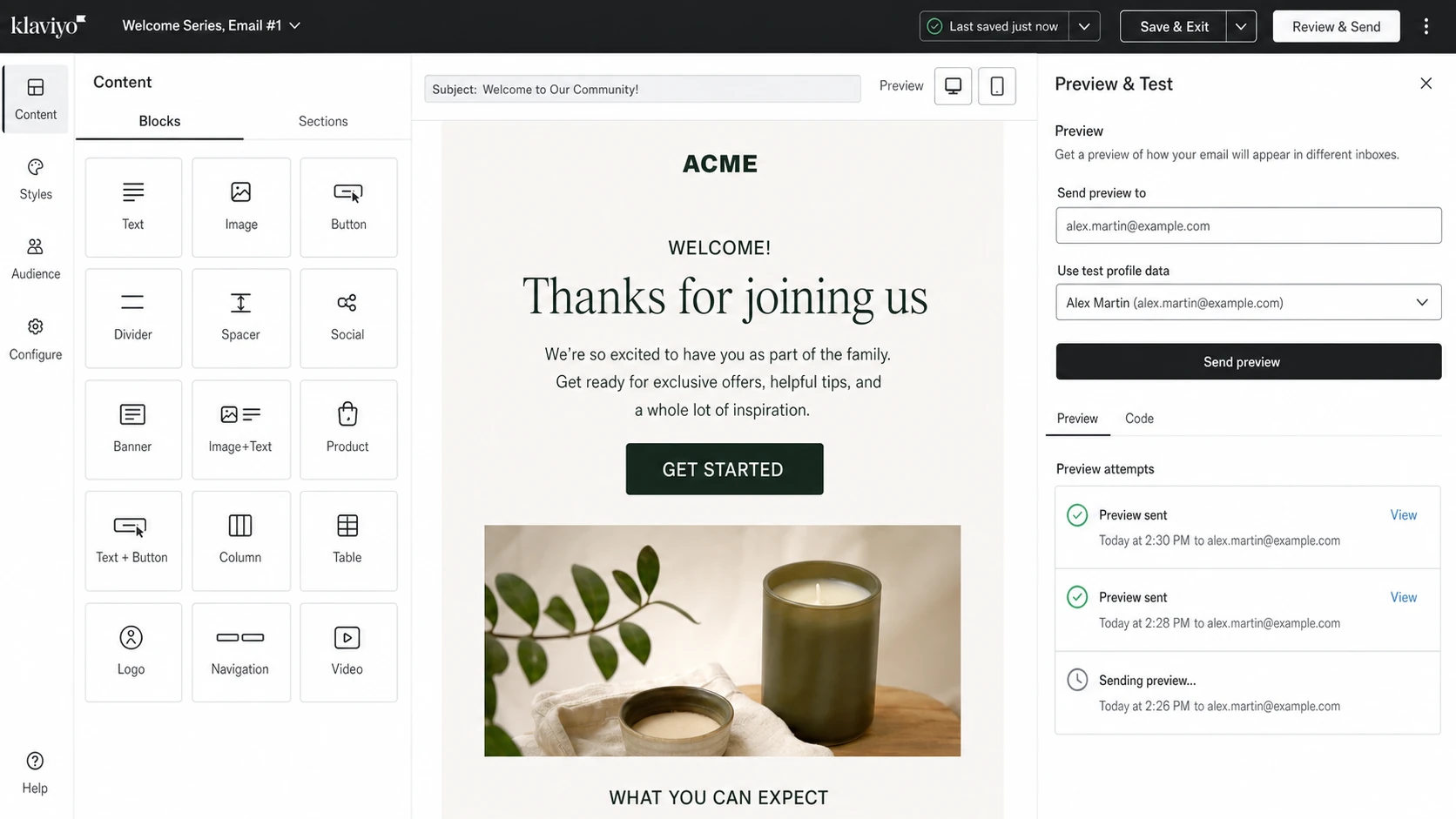 Klaviyo preview and test email panel with recipient and profile fields.