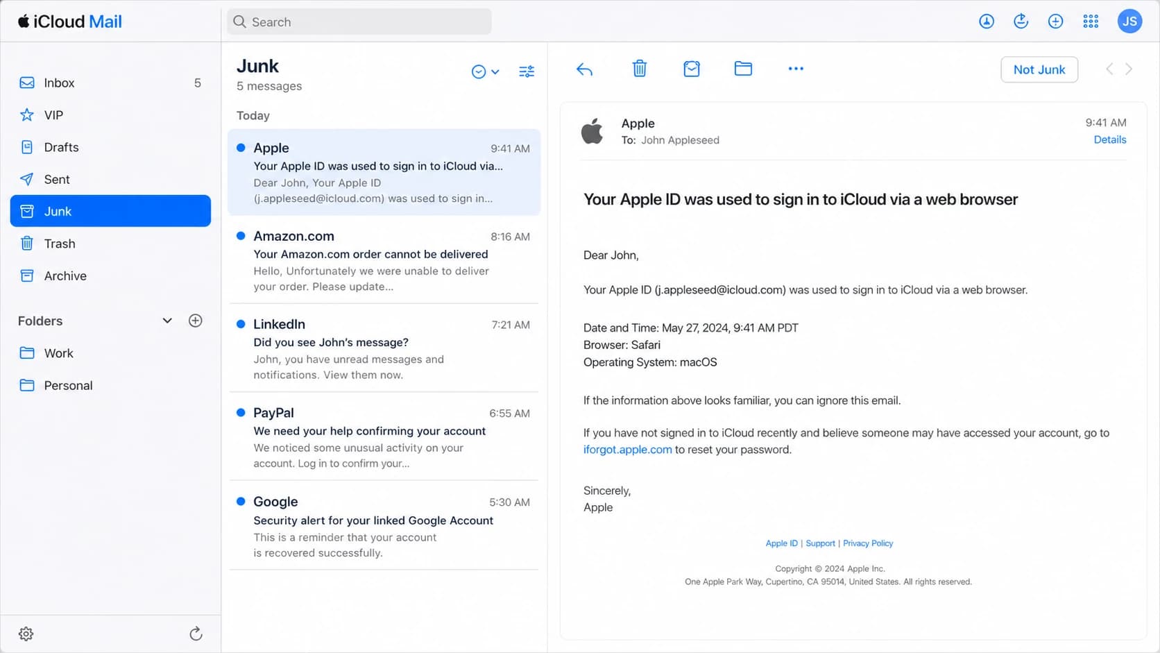 Apple iCloud Mail showing a company email in the Junk folder.