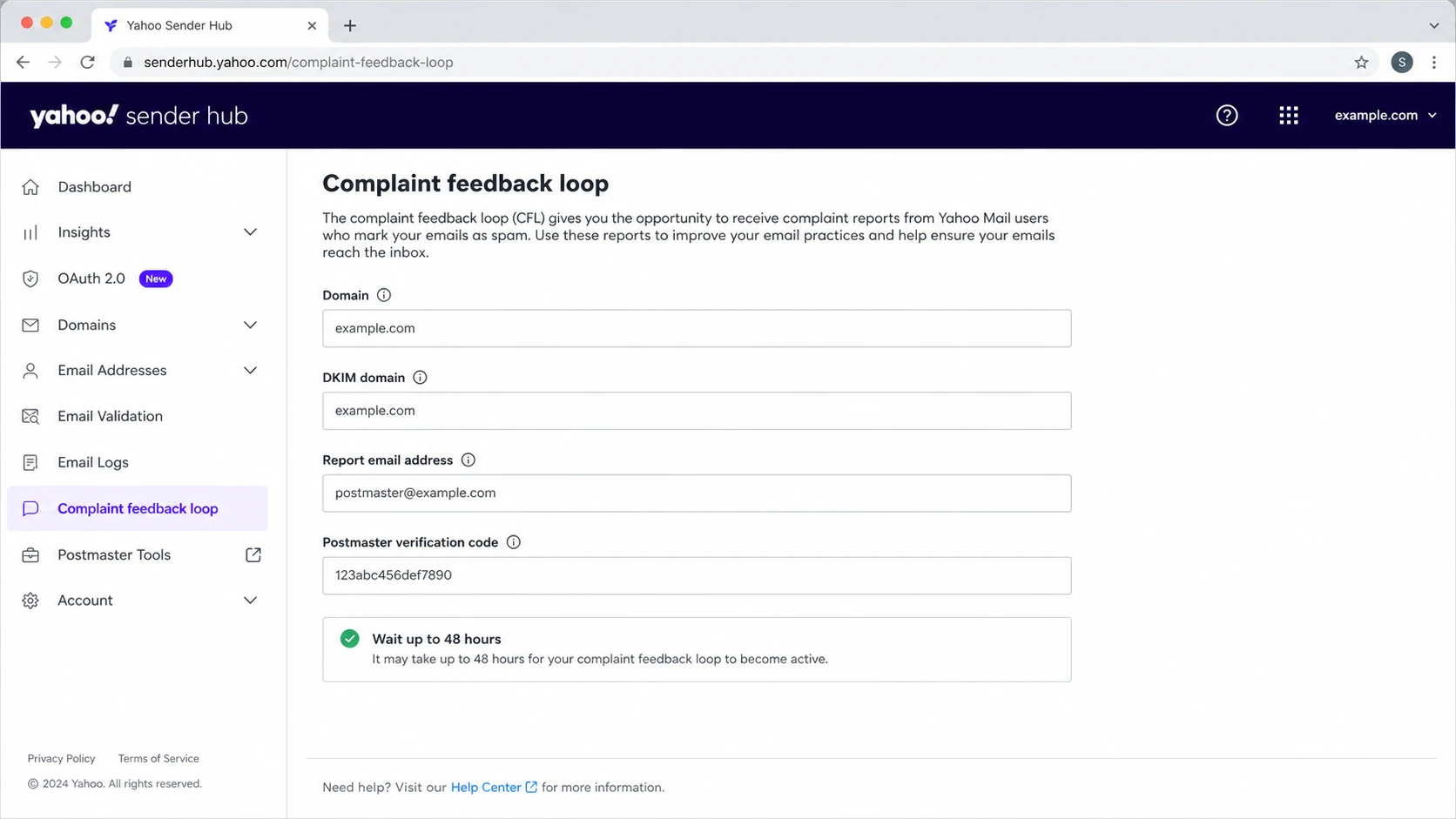 Yahoo Sender Hub complaint feedback loop setup screen.