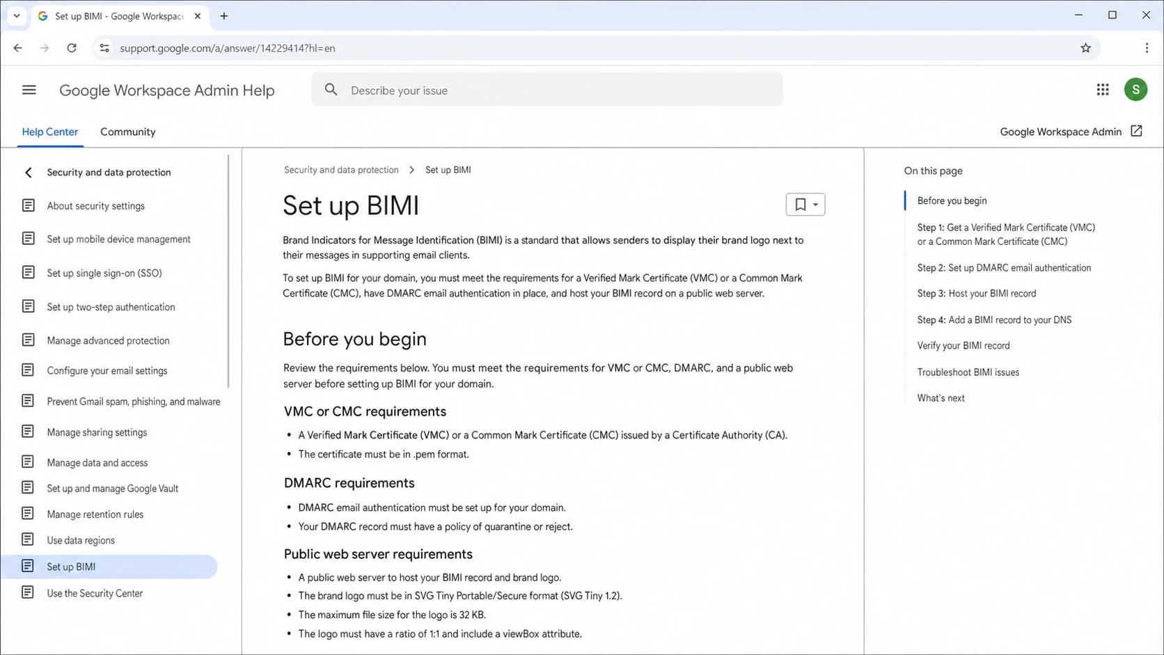 Google Workspace Help page showing BIMI setup requirements including VMC or CMC.