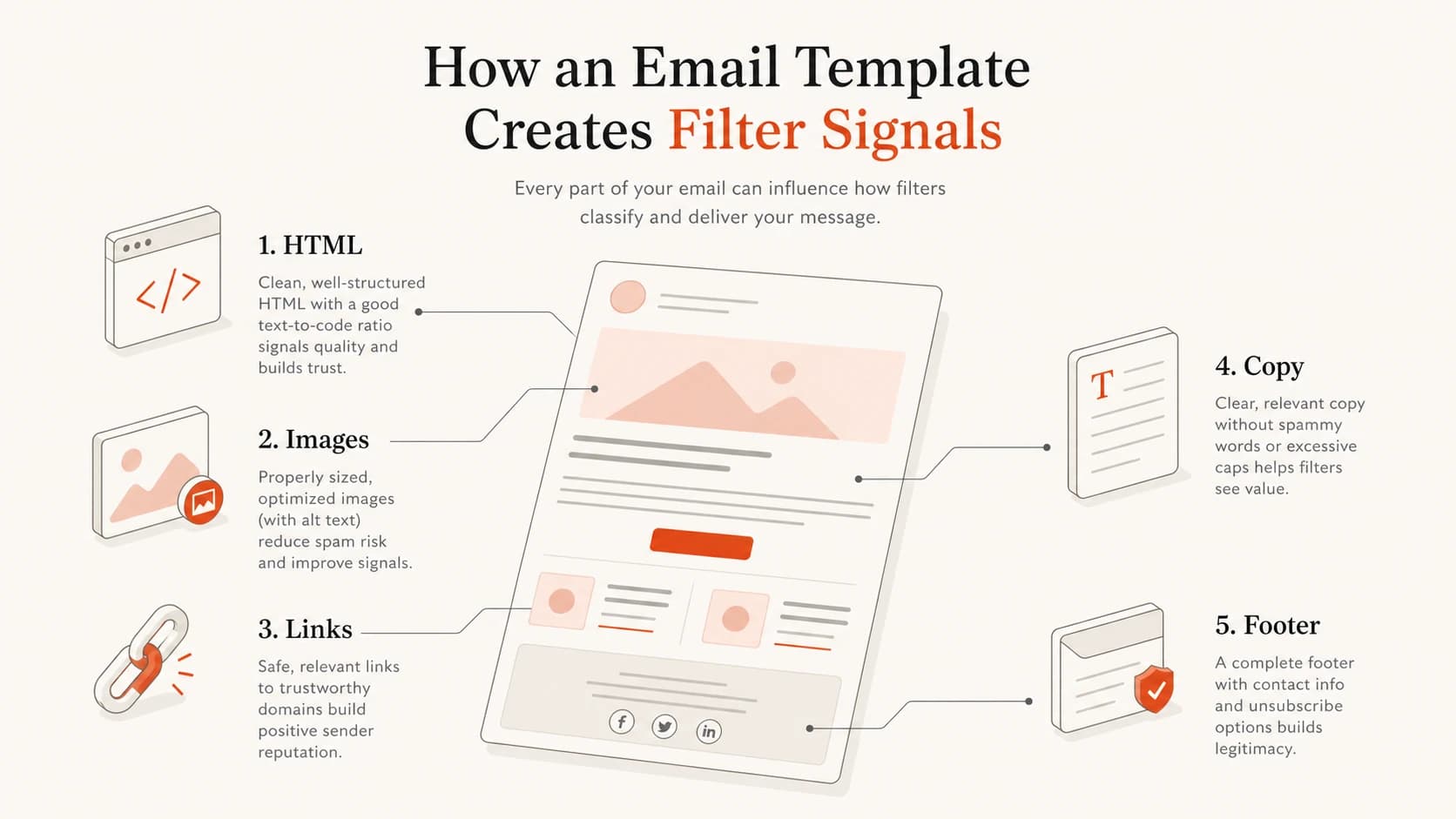 Five template areas that create filter signals: HTML, images, links, copy, and footer.