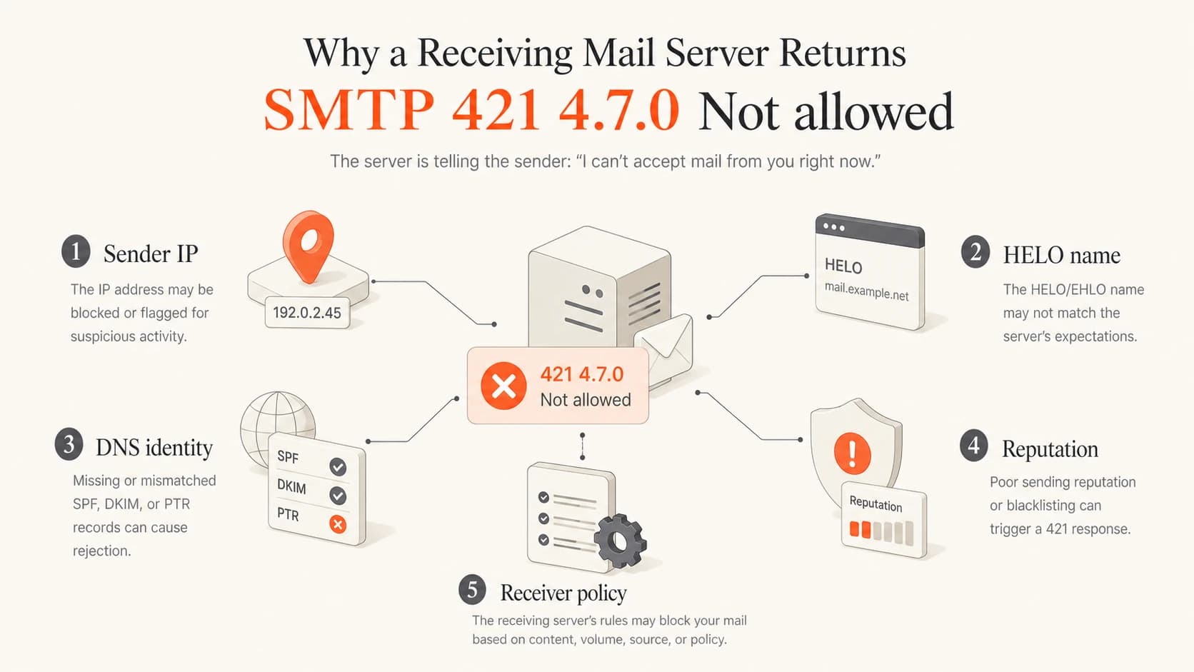 Five checks behind a 421 4.7.0 Not allowed SMTP deferral.