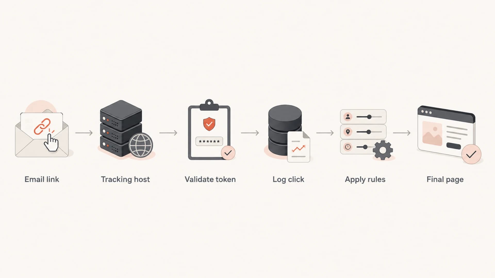 Flowchart showing an email link passing through validation, logging, and redirect steps.