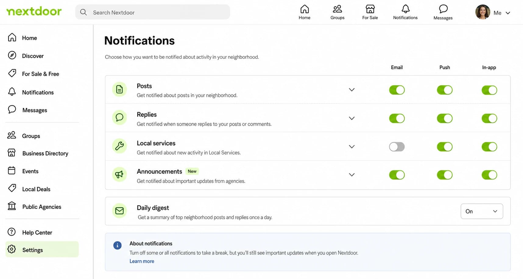 A Nextdoor notification settings screen with multiple email categories and toggles.