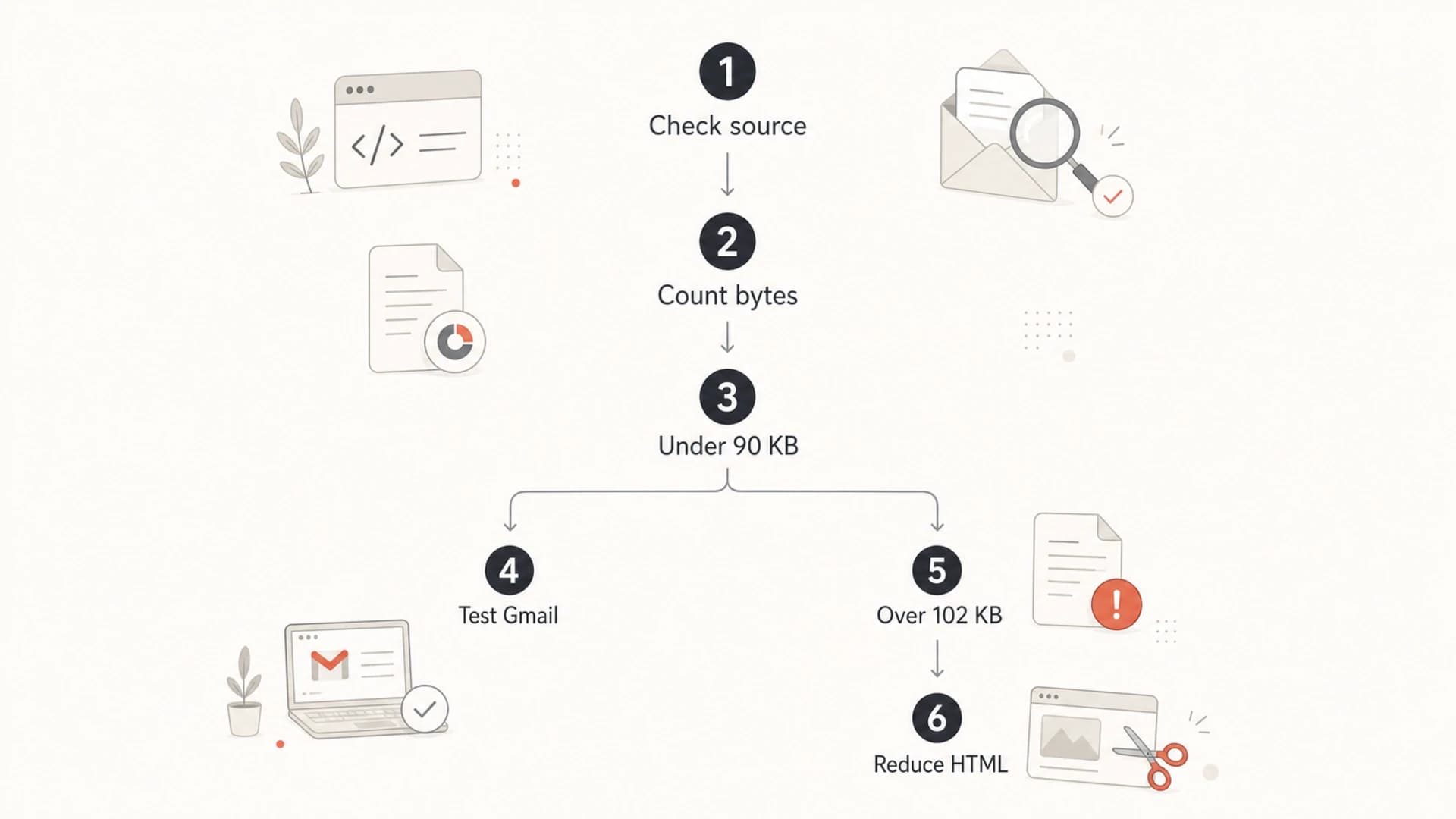 Flowchart for checking Gmail clipping risk by measuring final HTML bytes.