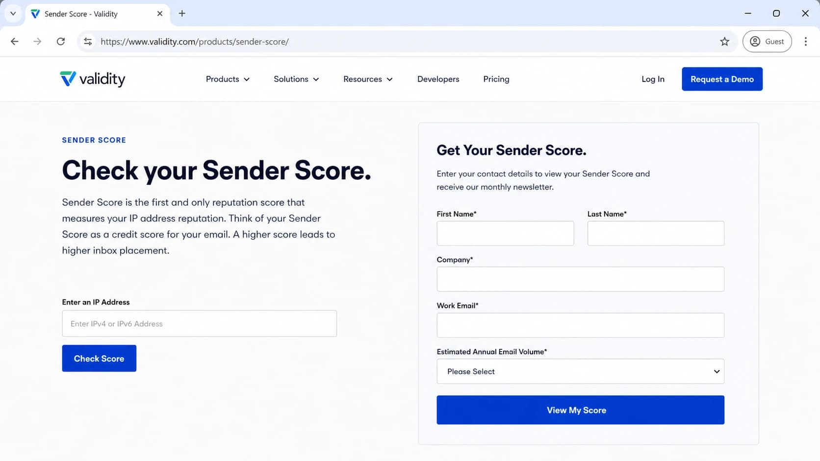 Sender Score by Validity page showing an IP reputation lookup form.