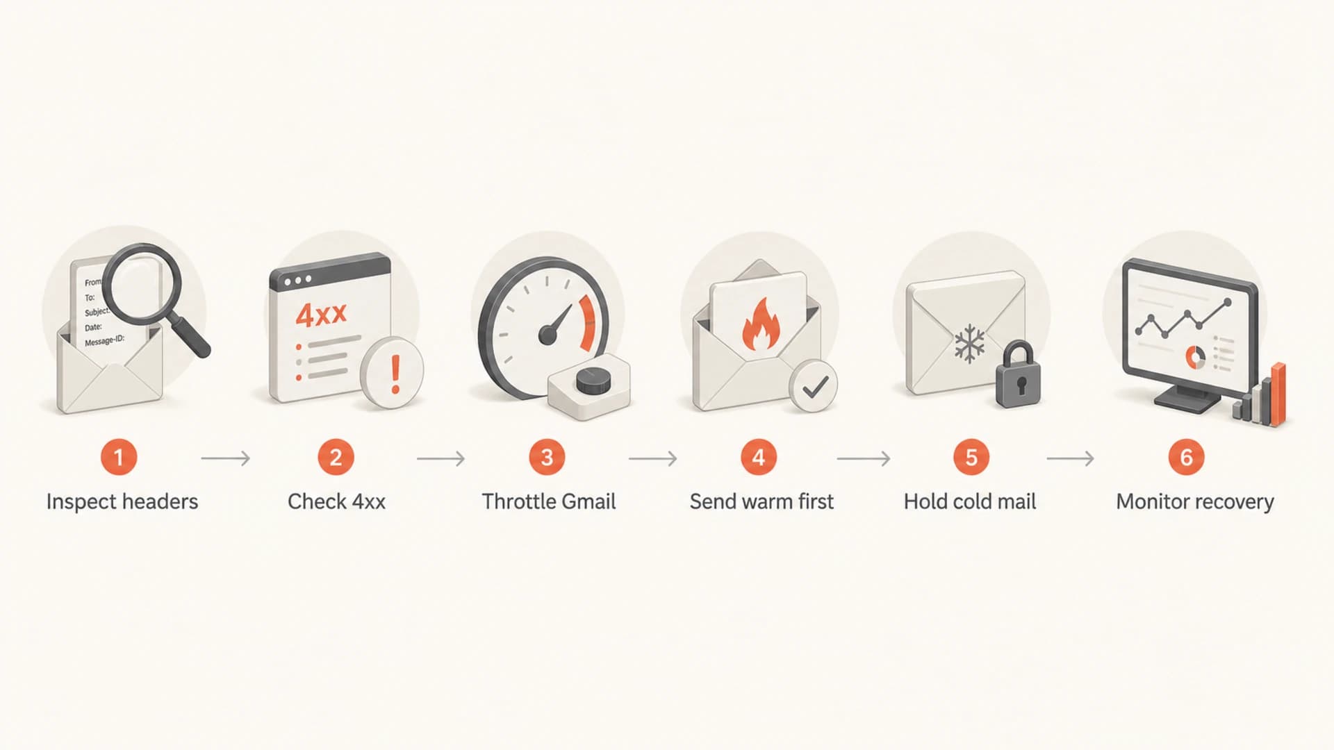 A six-step flowchart for recovering from slow Gmail delivery.
