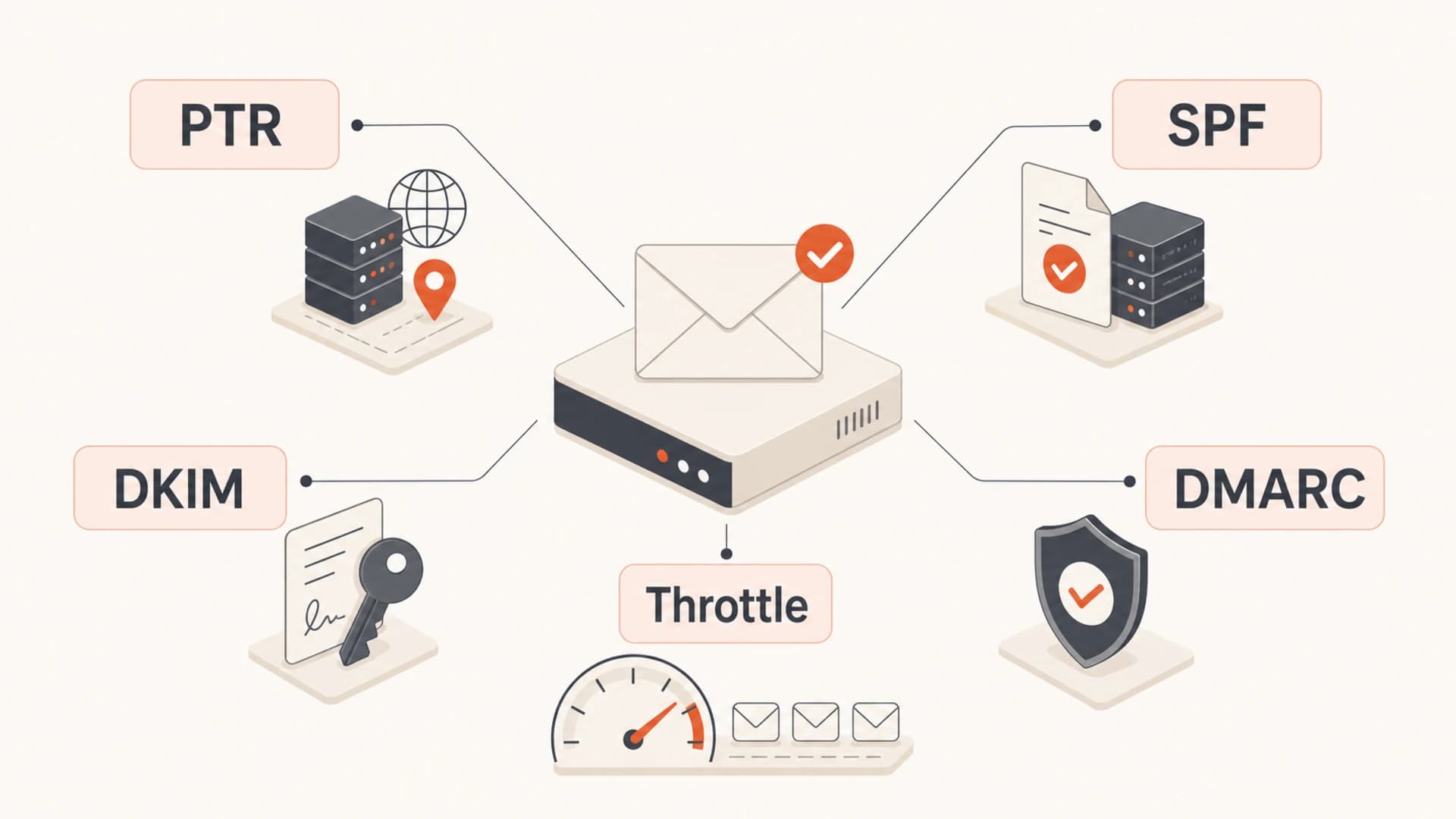 A five-part checklist for PTR, SPF, DKIM, DMARC, and throttling when fixing Tiscali.it bounces.