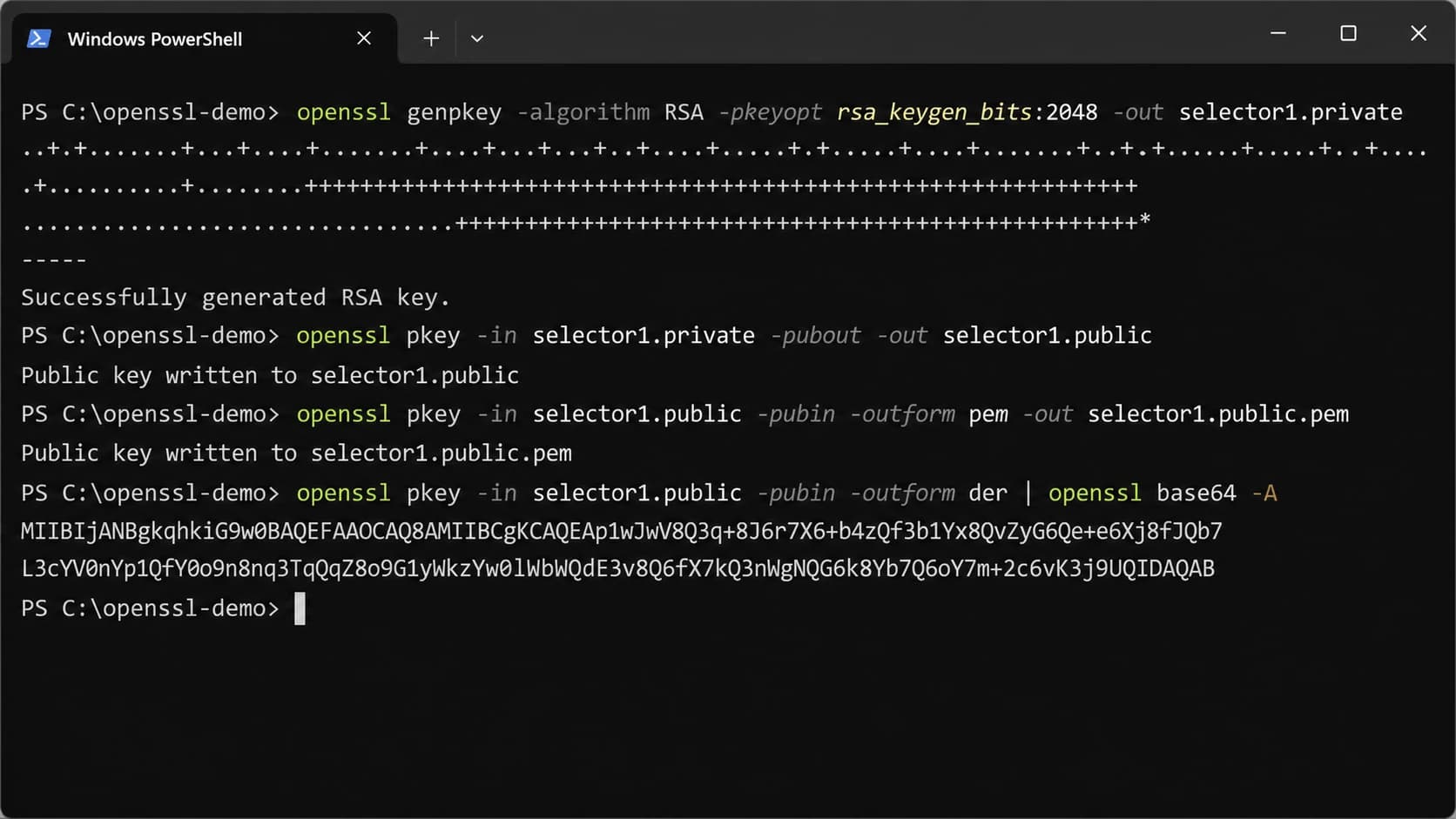 OpenSSL commands in a terminal generating a 2048-bit RSA DKIM key pair.
