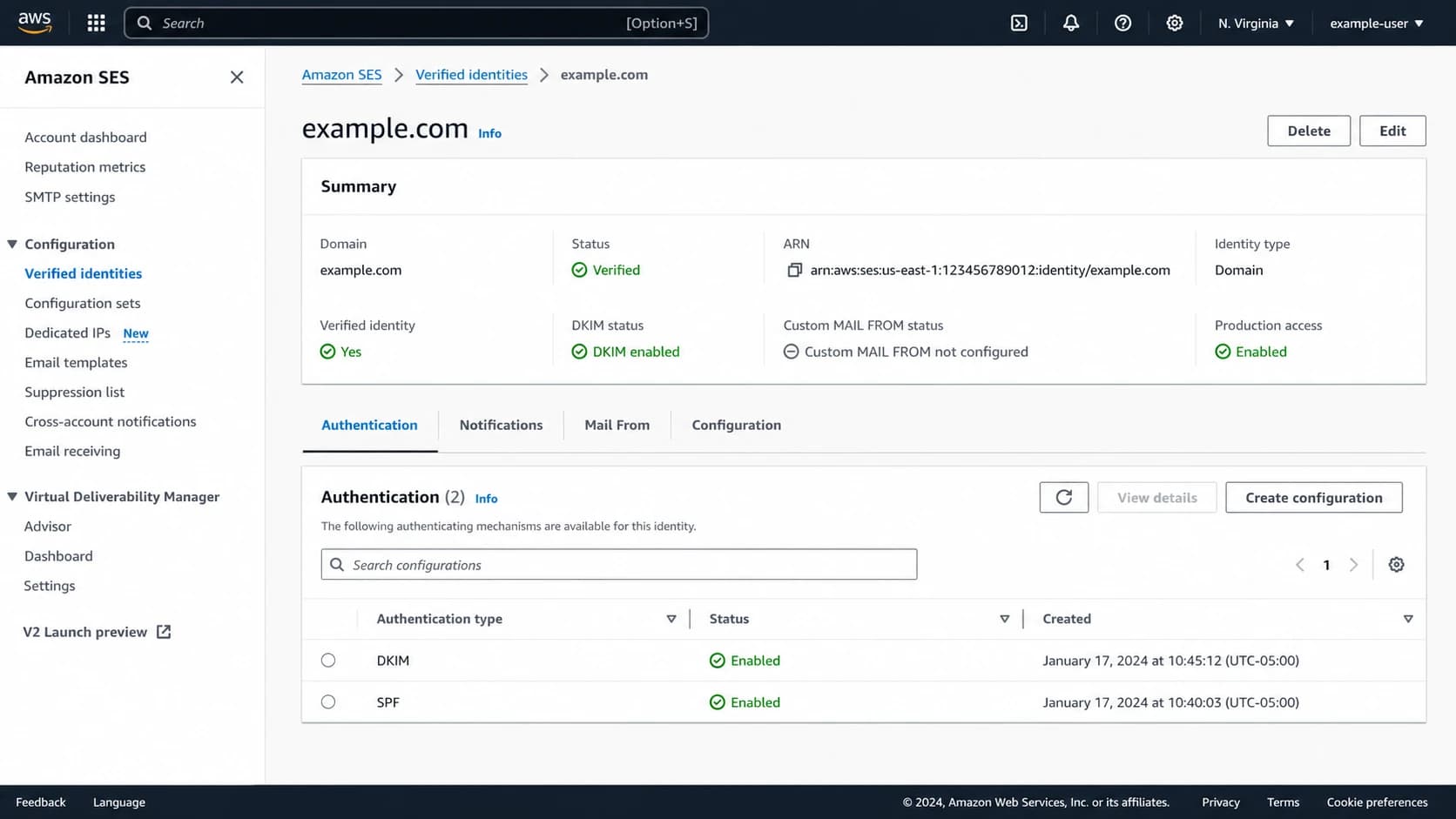 Amazon SES identity screen showing authentication status for a sending domain.