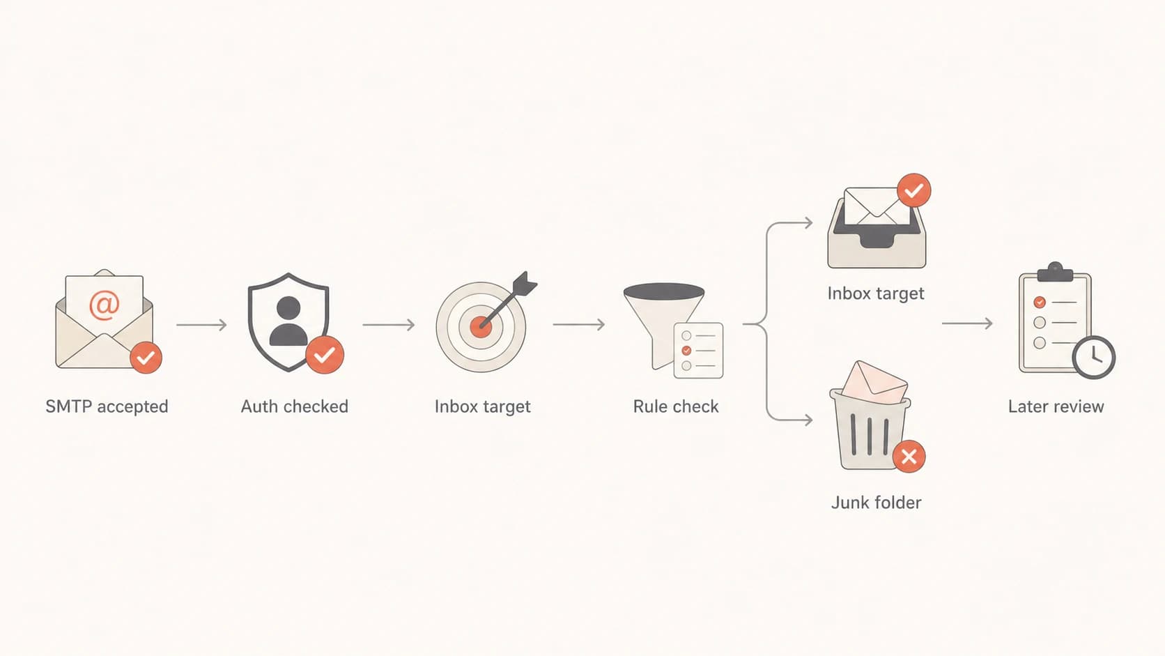 Flowchart showing Outlook delivery followed by later junk placement