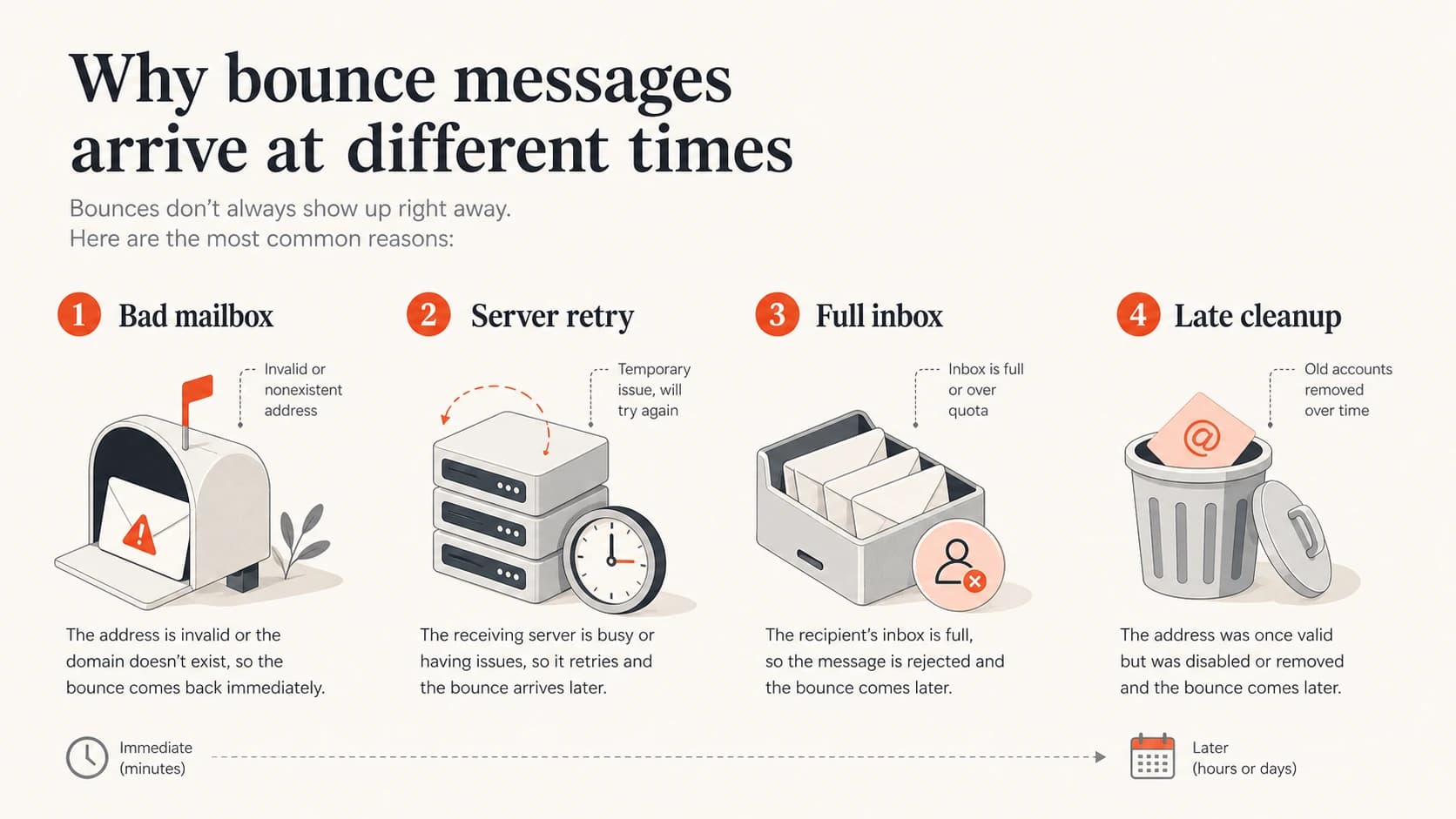 Four common reasons bounce messages arrive at different times.