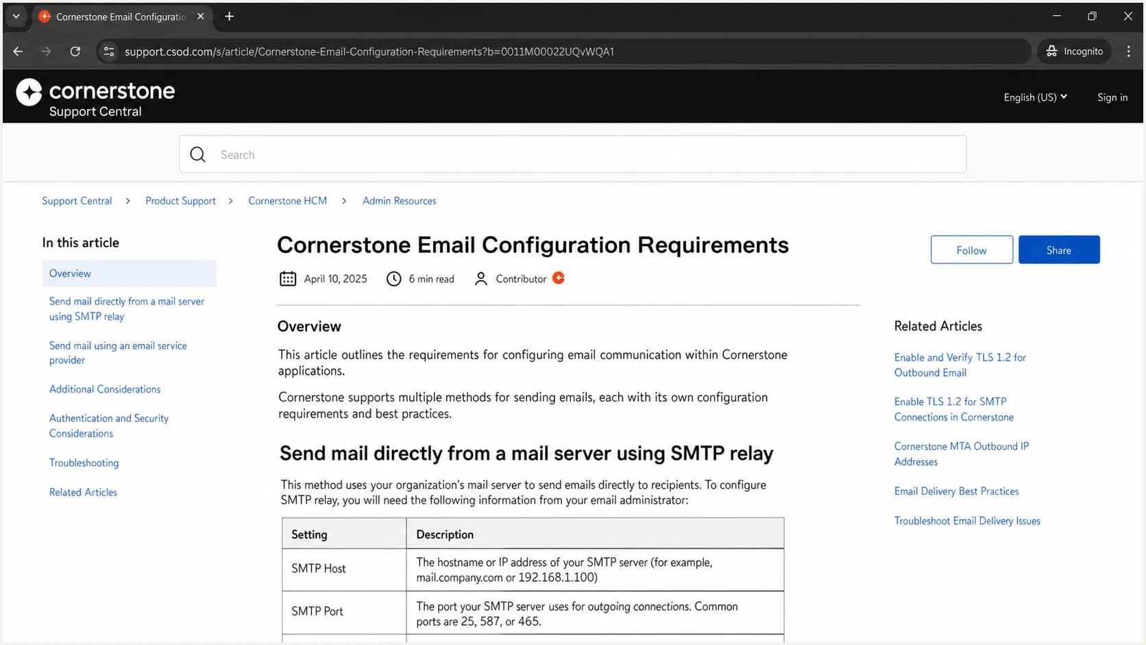 Cornerstone Support Central email configuration article