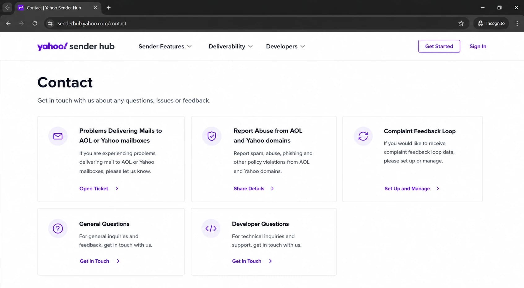 Yahoo Sender Hub contact page with sender support options.