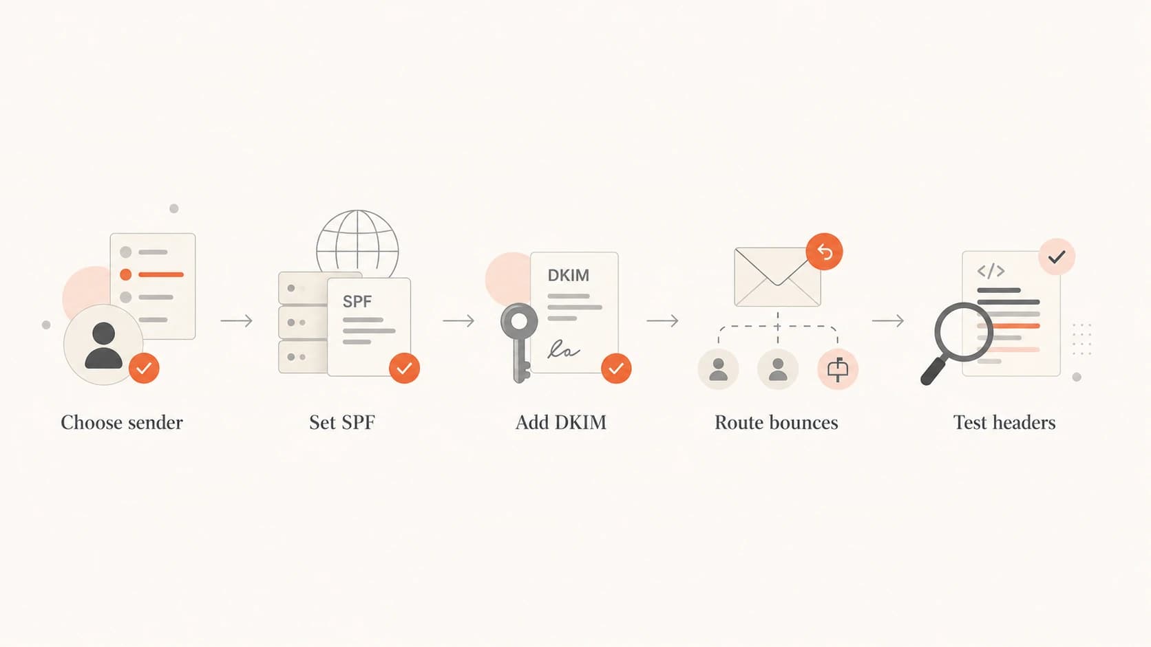Flowchart showing sender selection, SPF, DKIM, bounce routing, and header testing