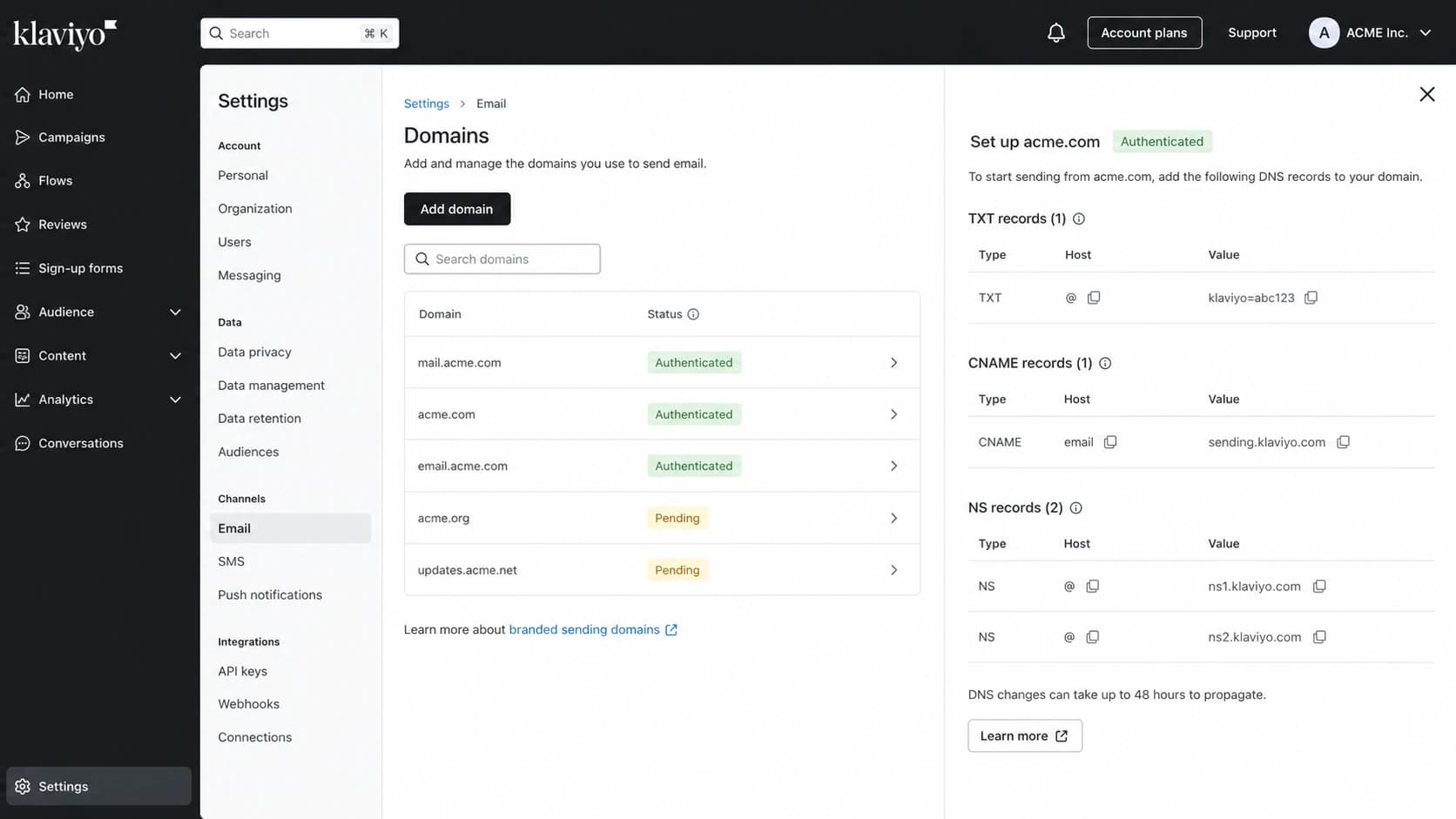 Klaviyo email domains settings screen for branded sending domain authentication.