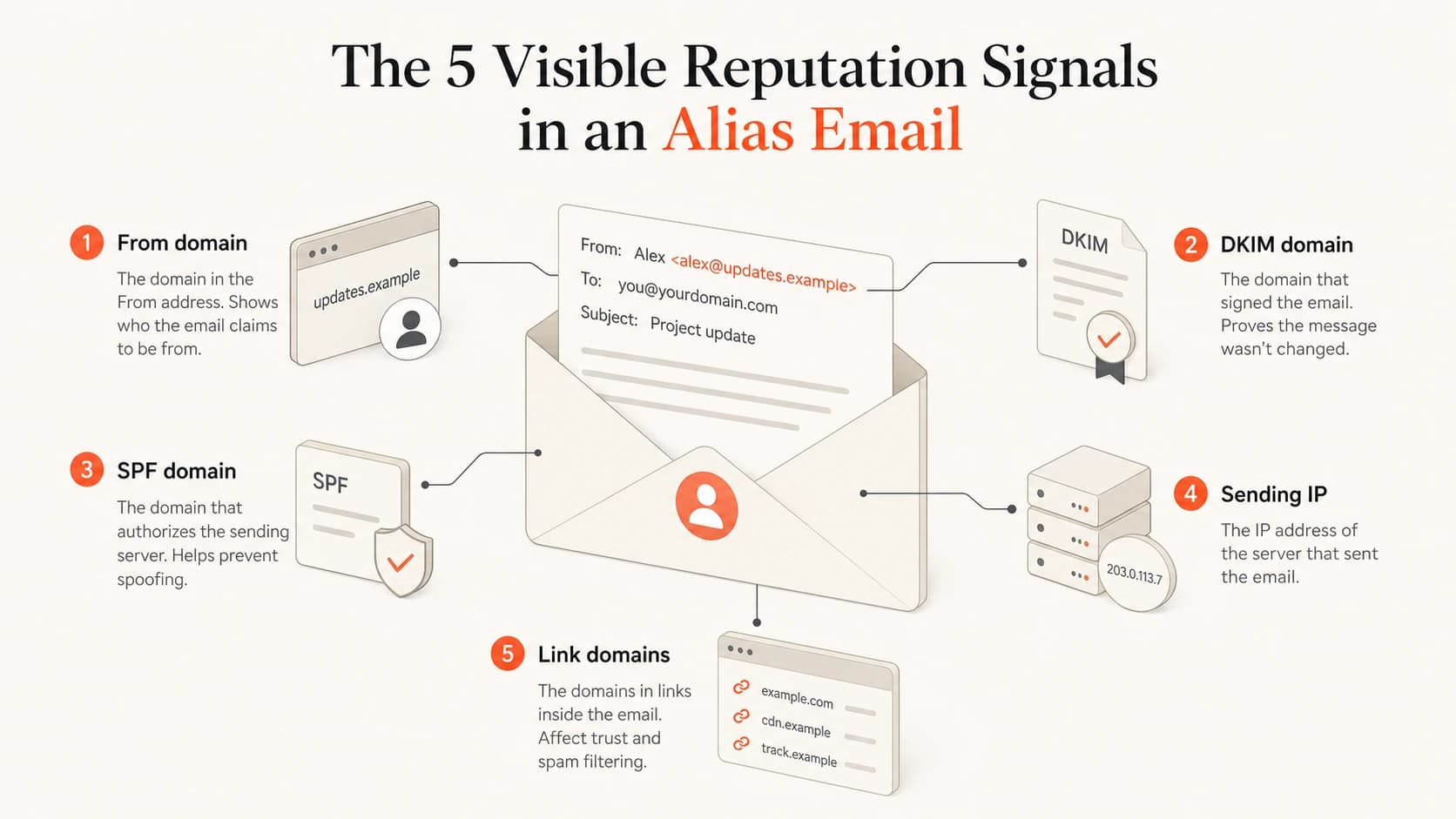 Infographic showing the visible domains and infrastructure signals in an alias email.