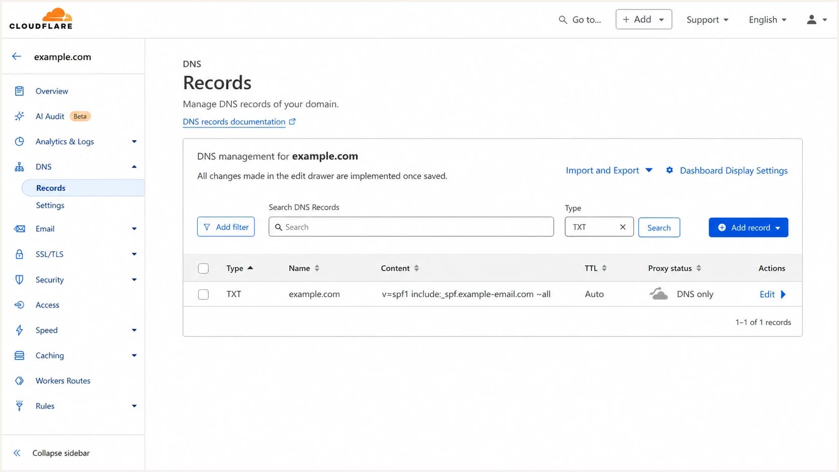 Cloudflare DNS screen with one client SPF TXT record using a hosted include.