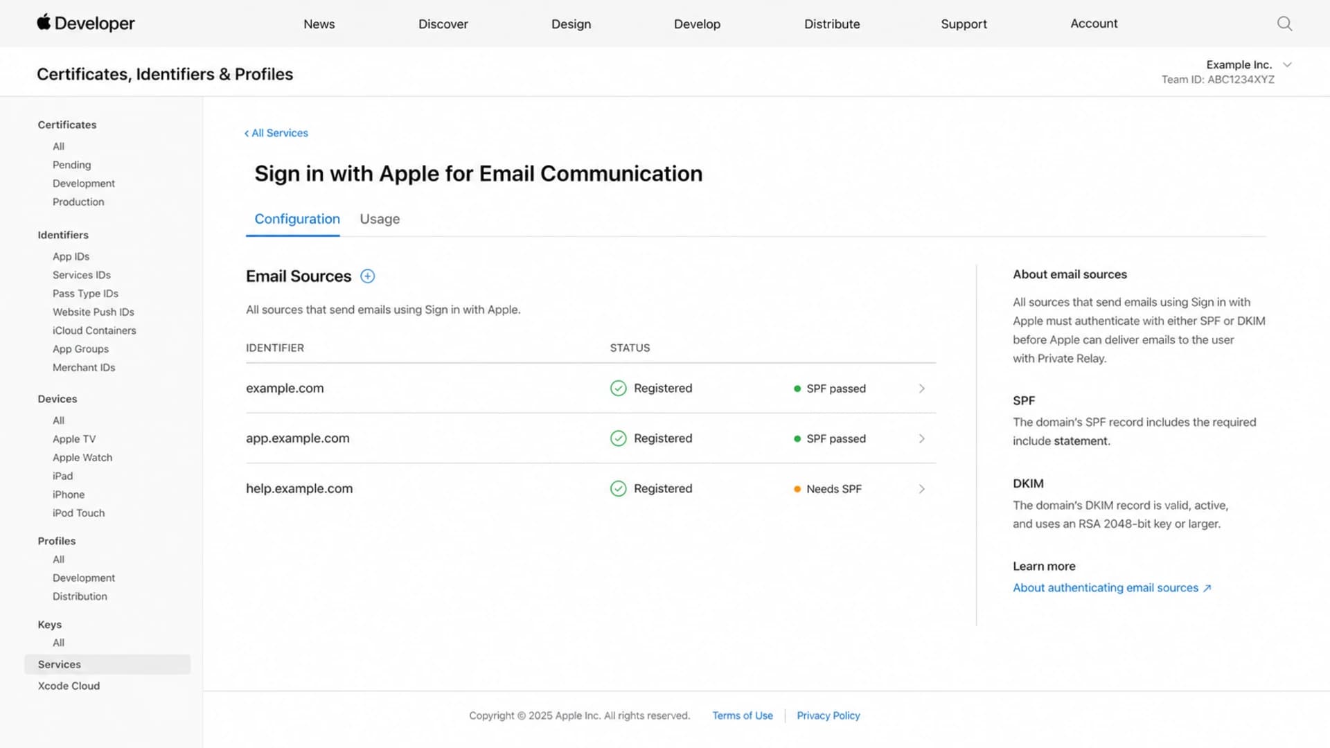 Apple Developer private email relay configuration screen with registered email sources.