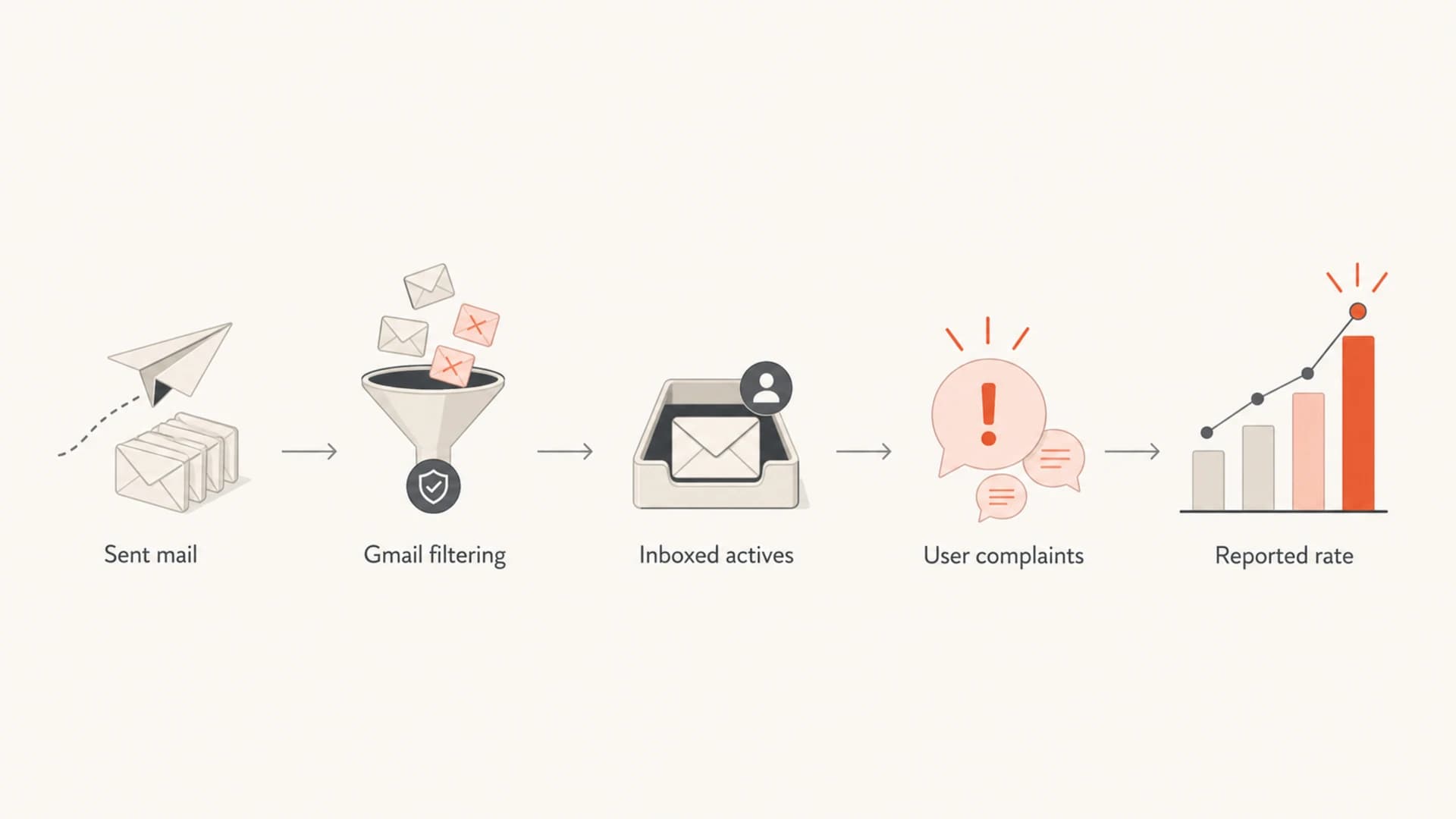 Flowchart showing how sent mail becomes a reported Gmail spam rate.