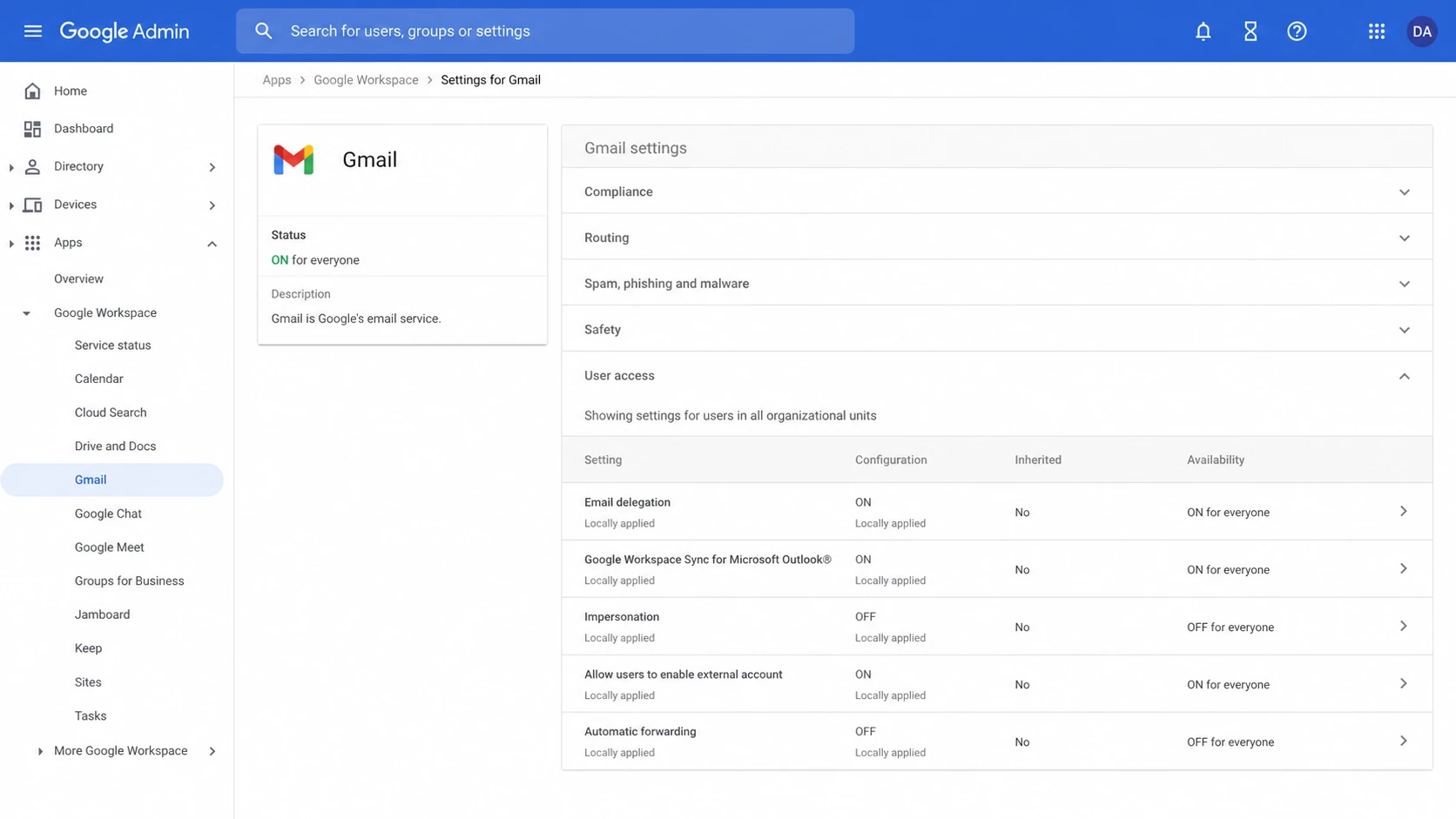 Google Admin console screenshot showing Gmail settings for a Workspace organization.