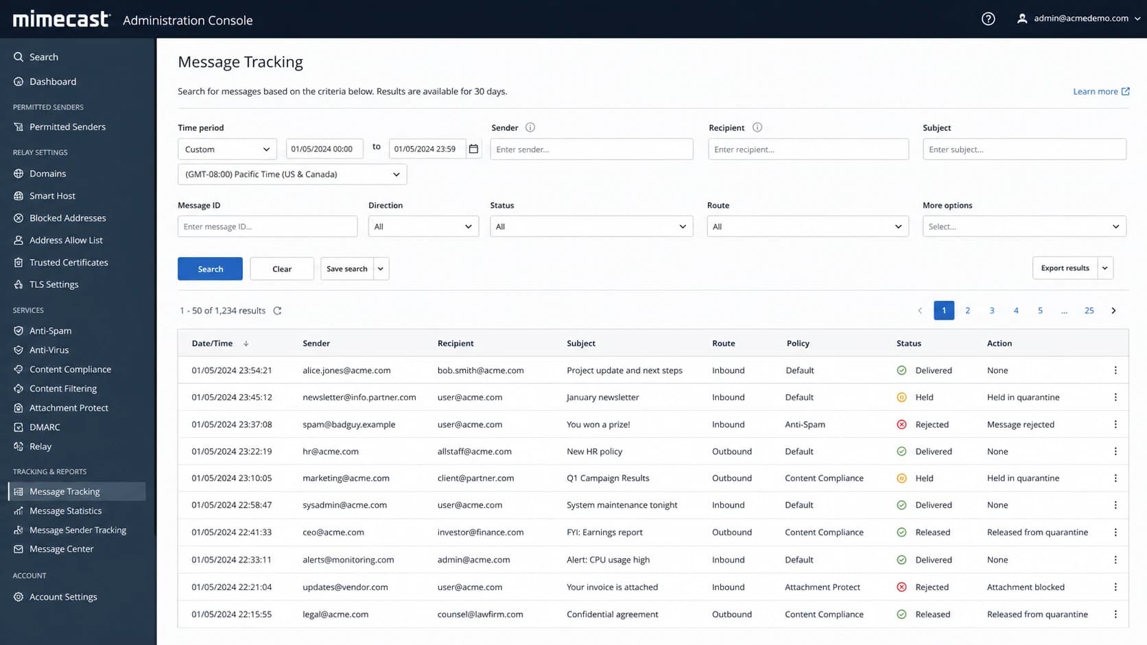 Mimecast administration screen showing message tracking and held mail status.