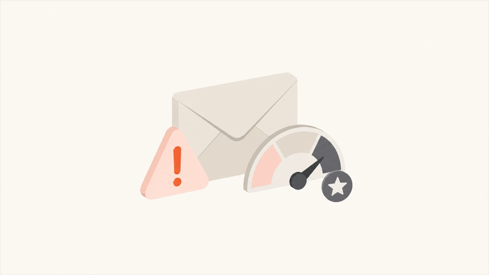 A simple mail delivery incident graphic with a reputation gauge and warning marker.