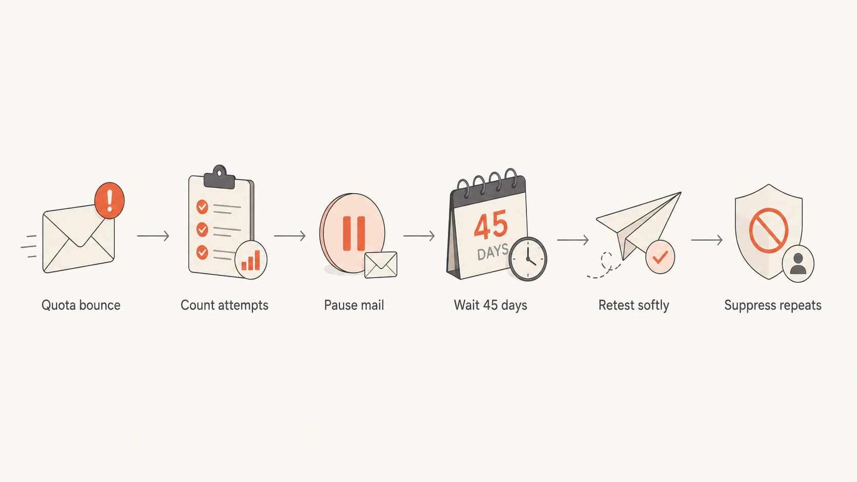 Flowchart showing a Gmail overquota bounce moving through pause, cooldown, retest, and suppression.