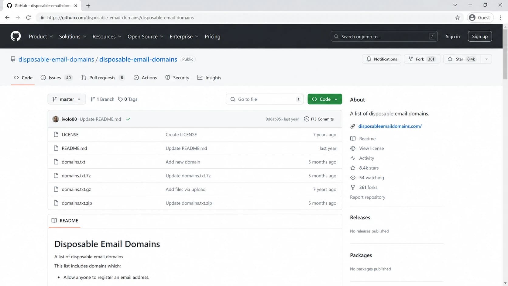 GitHub repository page for a disposable email domain list.