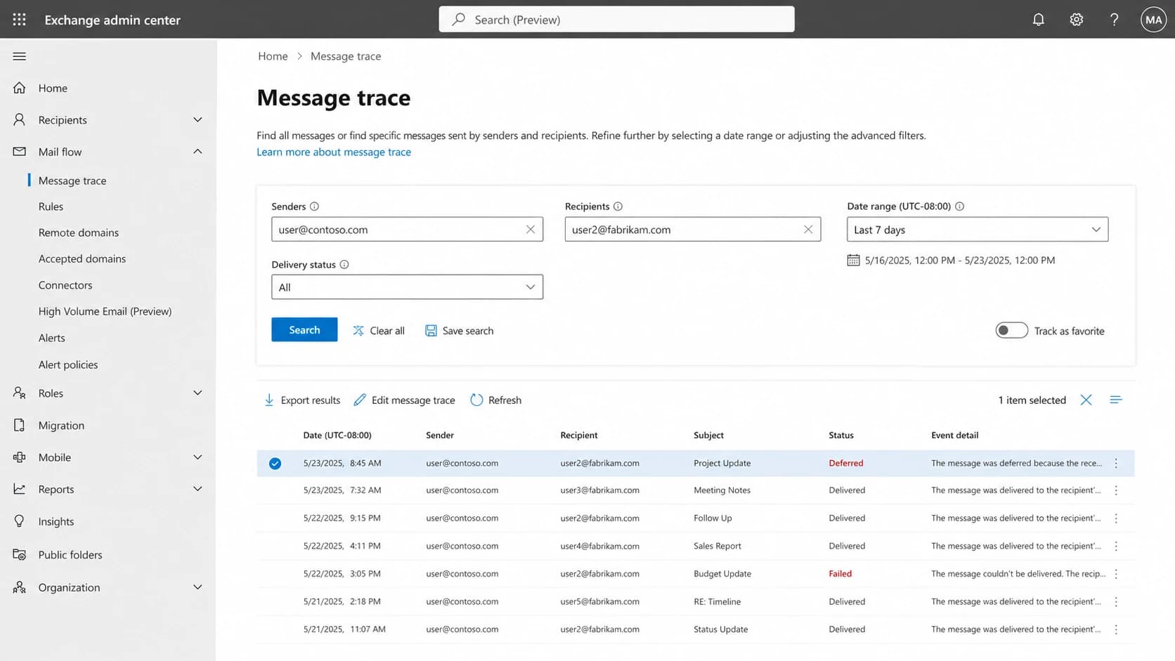 Microsoft 365 Exchange admin center message trace screen for checking delivery status.