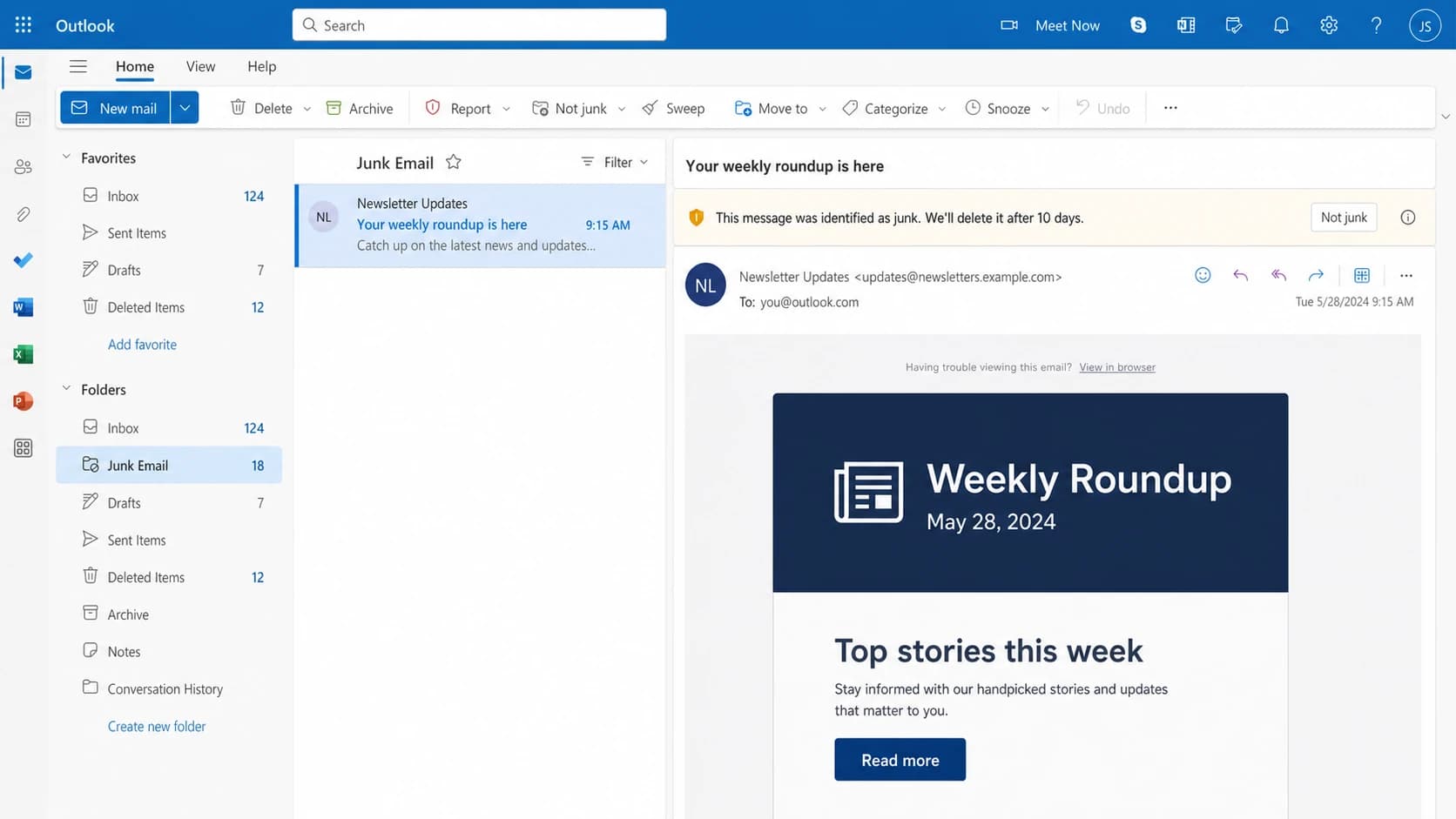 Microsoft Outlook junk folder with a newsletter email selected.