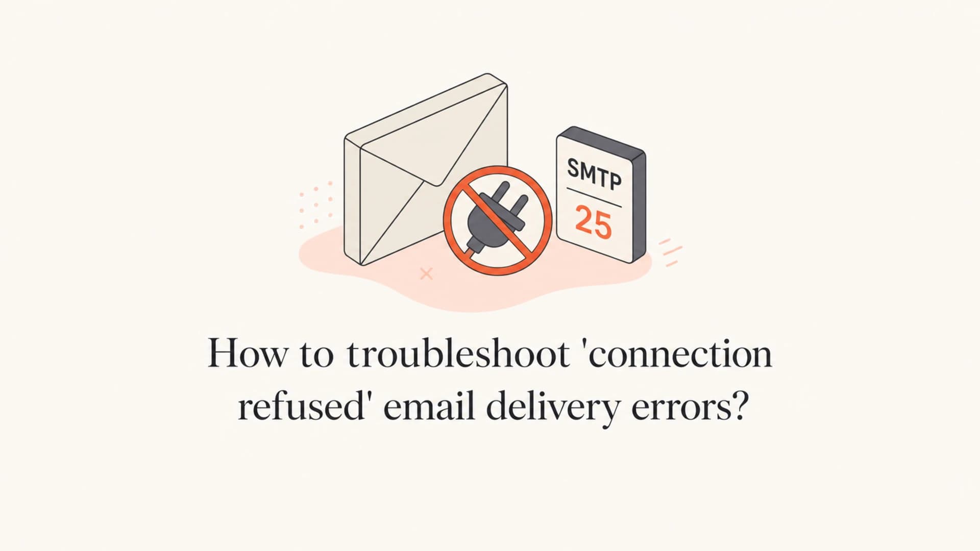 A mail envelope, blocked plug, and SMTP port marker above the article title.