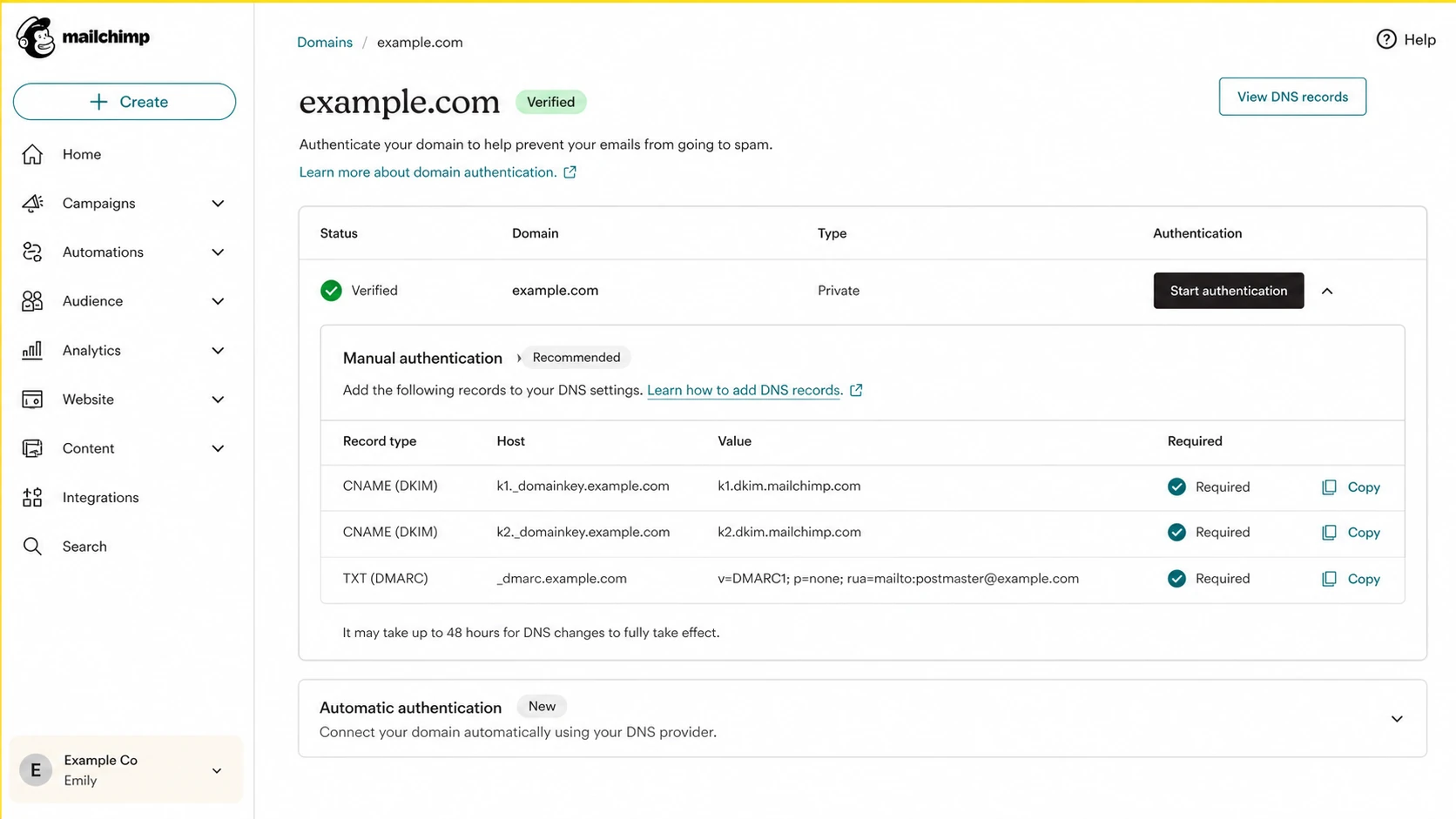 Mailchimp domain authentication screen with DKIM CNAME records and a DMARC TXT record.