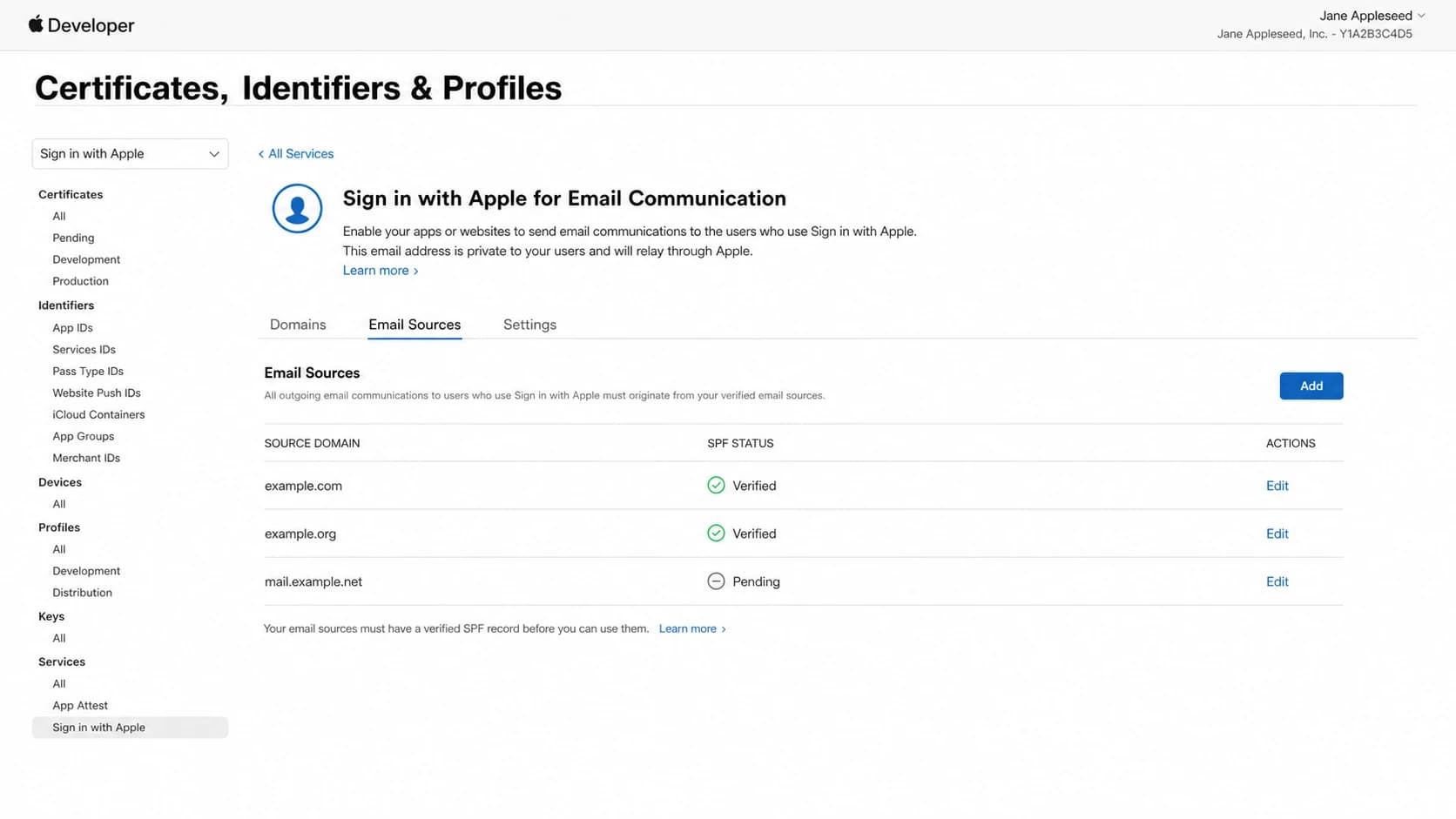 Apple Developer account screen for Sign in with Apple email sources.