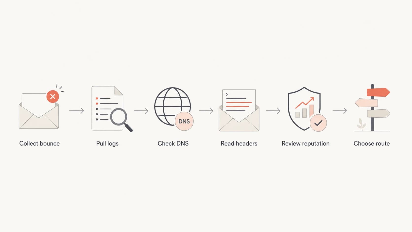 Flowchart for diagnosing Salesforce email refusals from bounce to route decision.