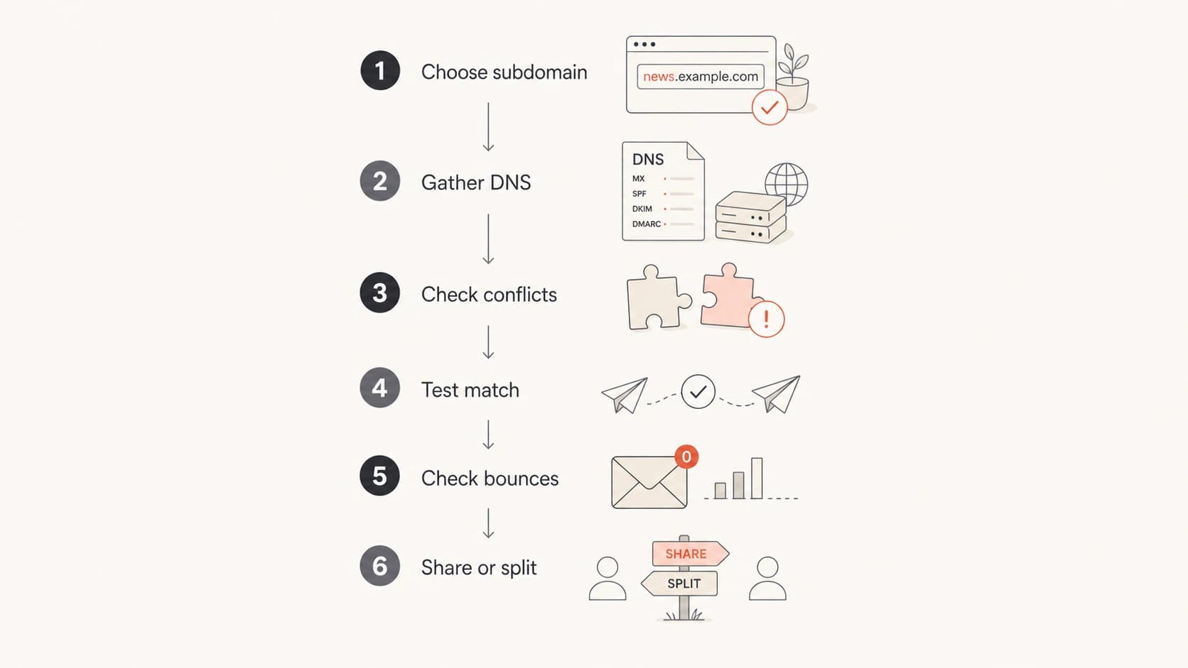 Decision flow for sharing or splitting an email sending subdomain.