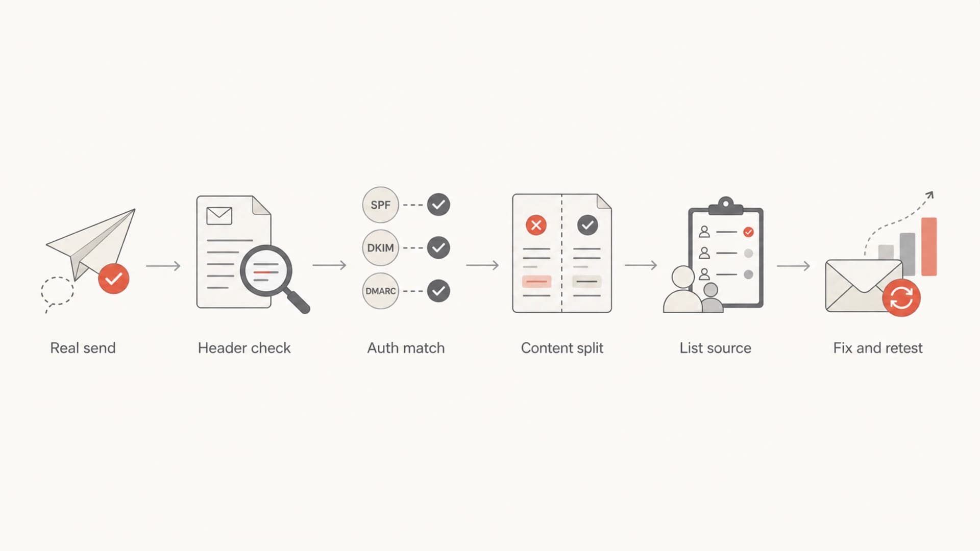 Troubleshooting flow for email spam placement despite good reputation.