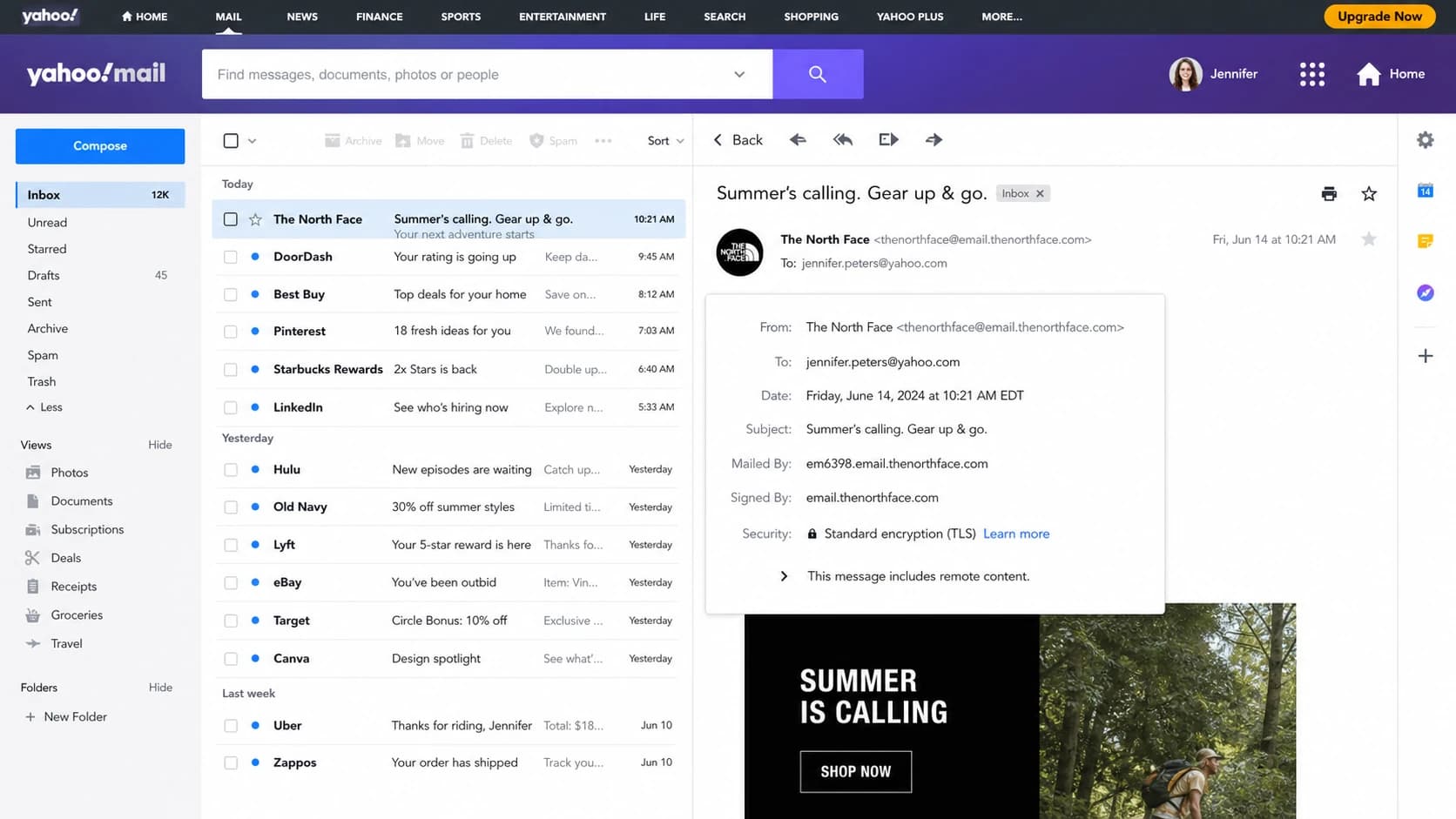 Yahoo Mail inbox screenshot showing timestamps and message header timing.