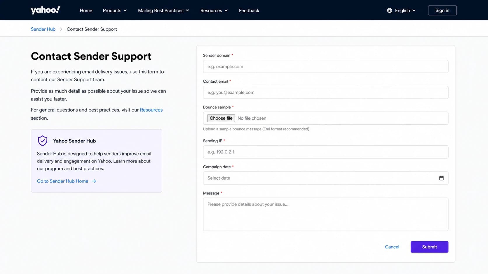 Yahoo Sender Hub contact form for sender support.