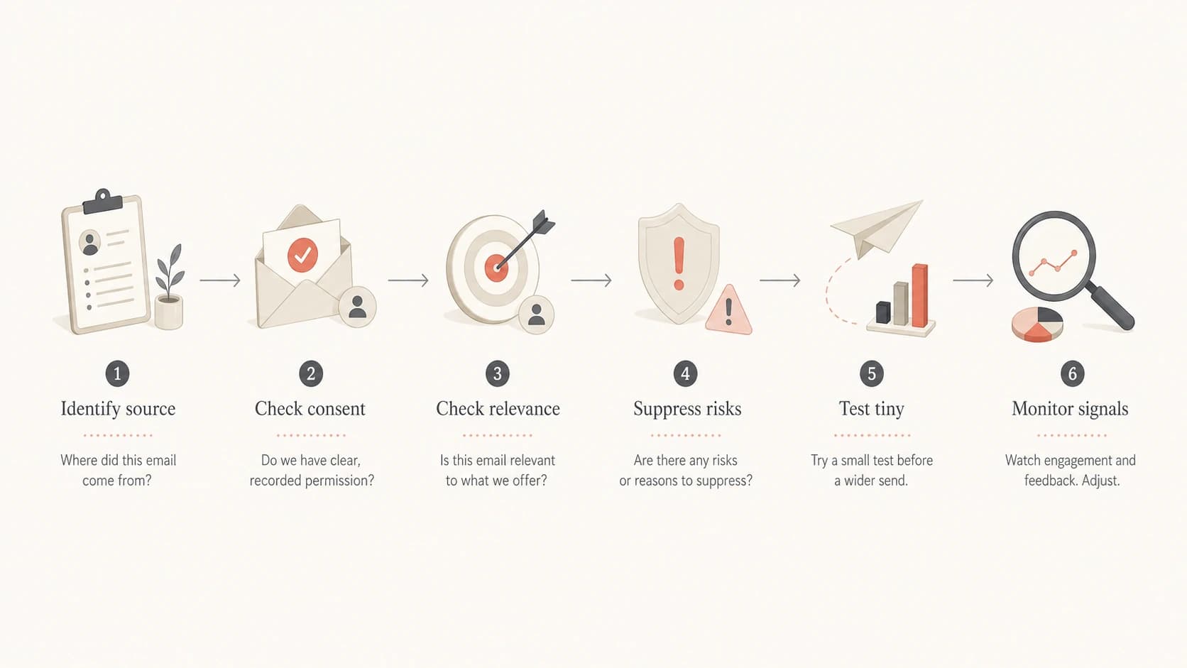 A decision flow for collected email addresses: identify source, check consent, suppress risks, test, and monitor.