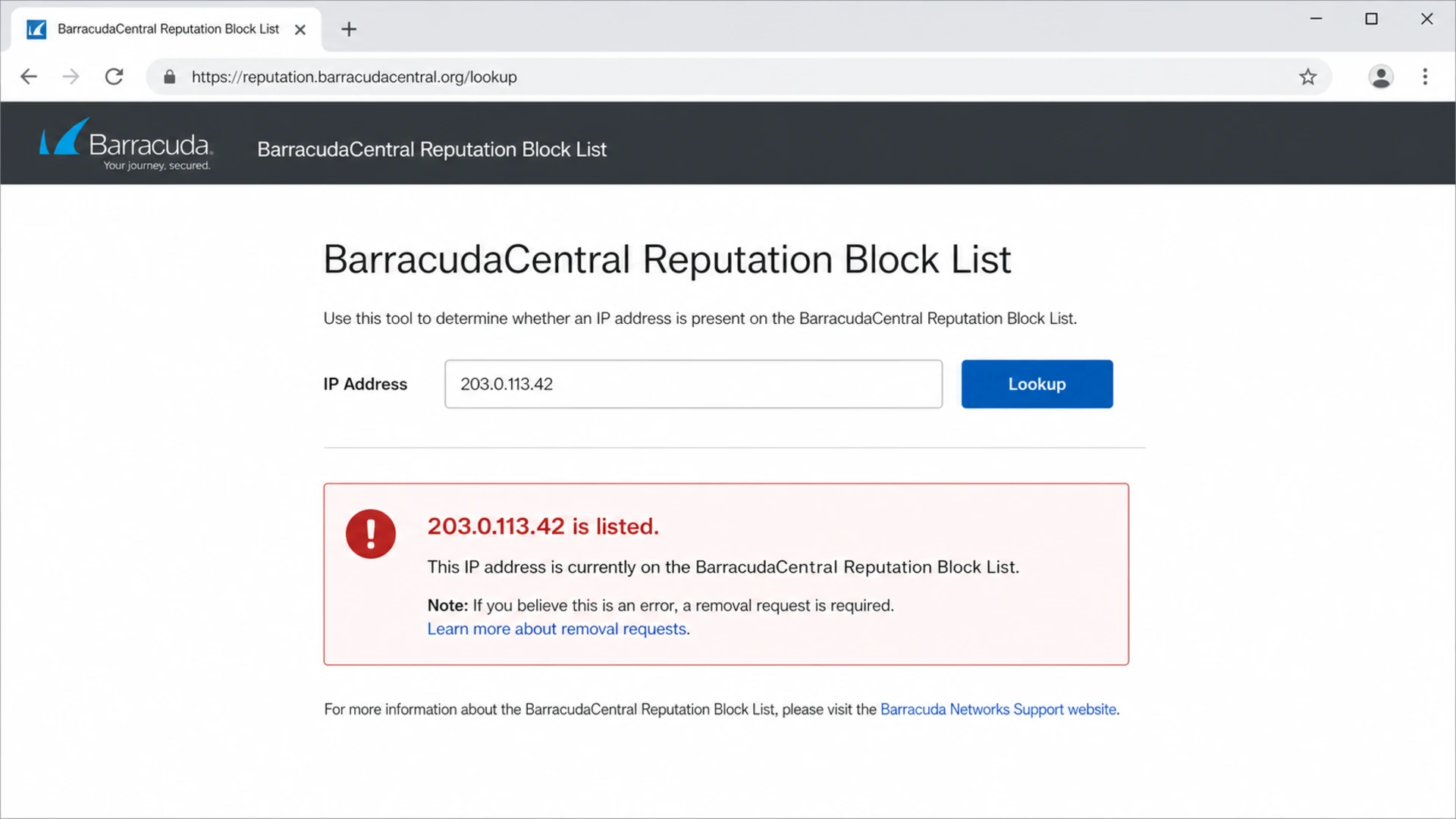 BarracudaCentral Reputation Block List lookup showing a listed IP result.
